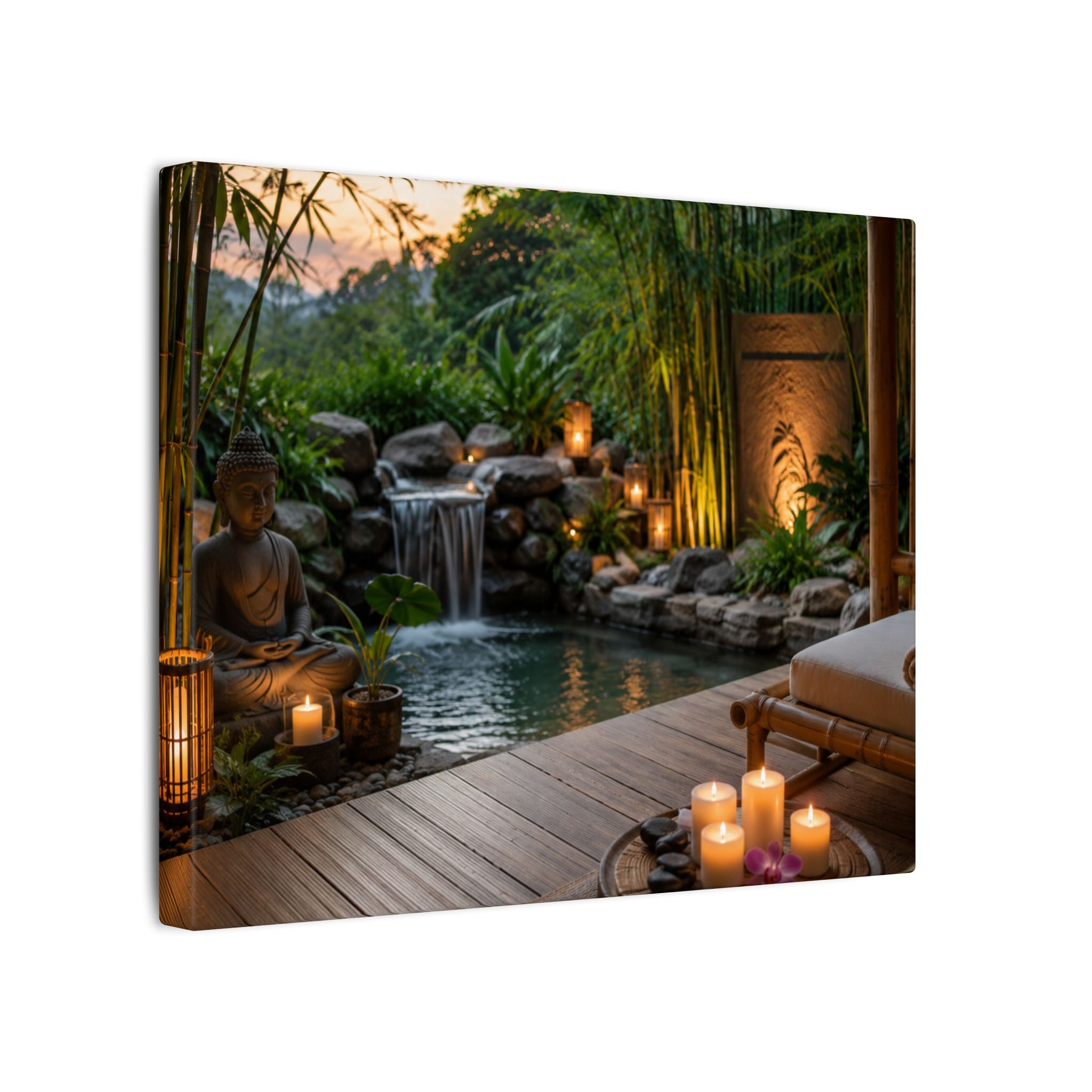 Zen Spa Retreat Canvas — Tranquil Bamboo Waterfall Wall Art