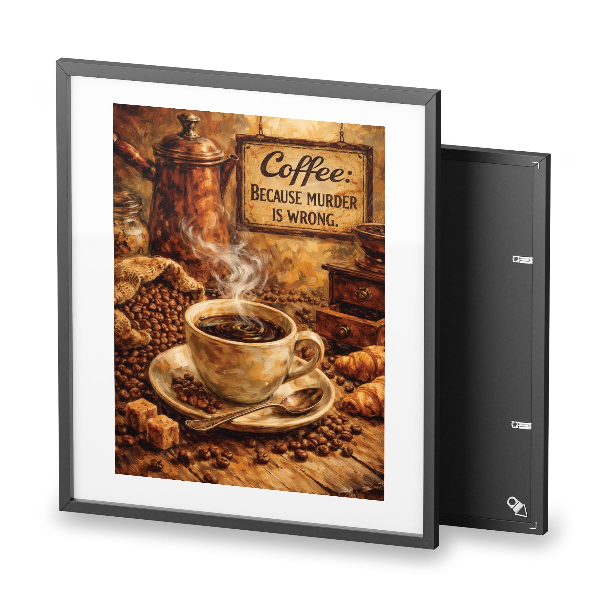 Framed Coffee Poster — "Coffee: Because Murder Is Wrong" Vintage Kitchen Wall Art