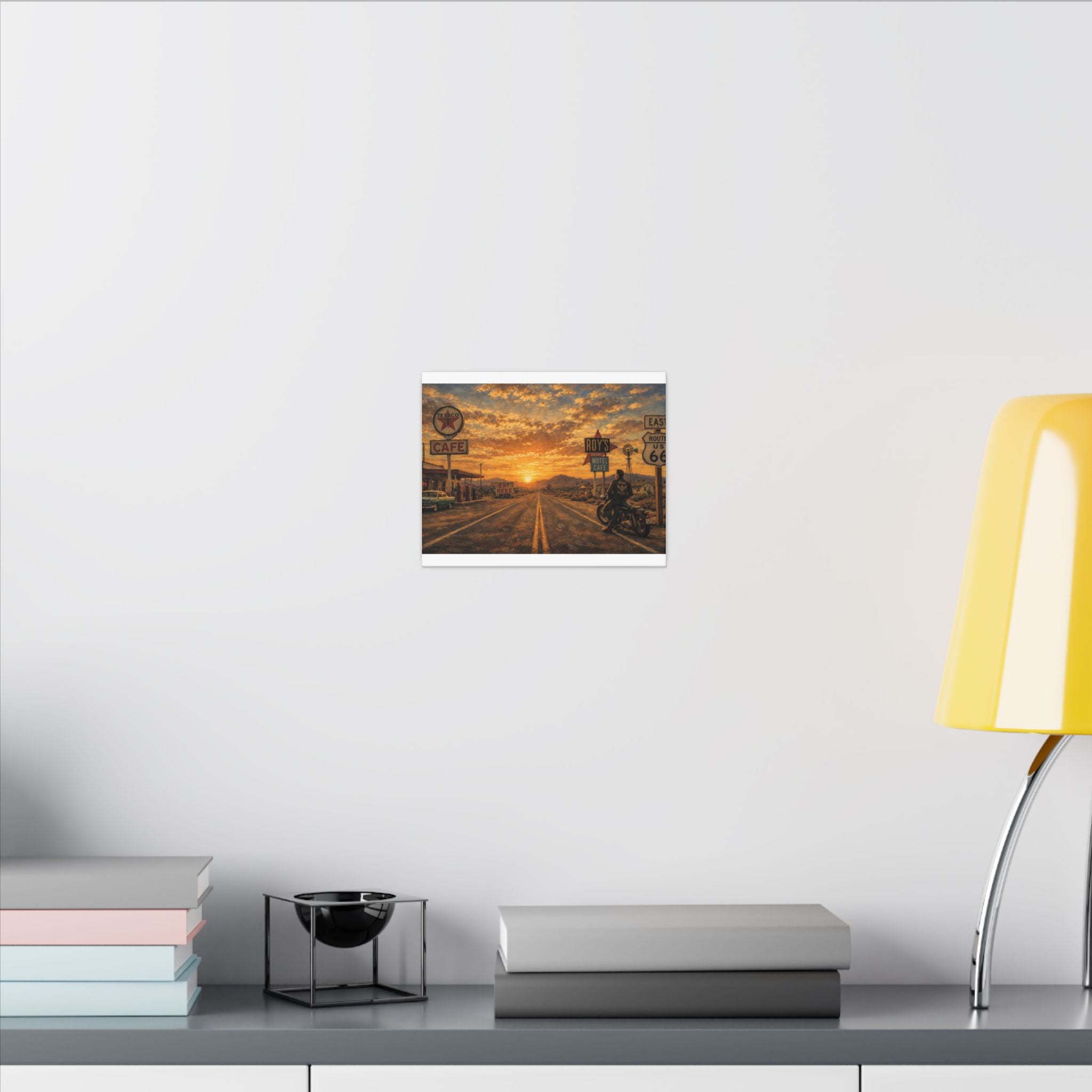 Route 66 Sunset Motorcycle Canvas Wall Art — Vintage Roadside Cafe Print