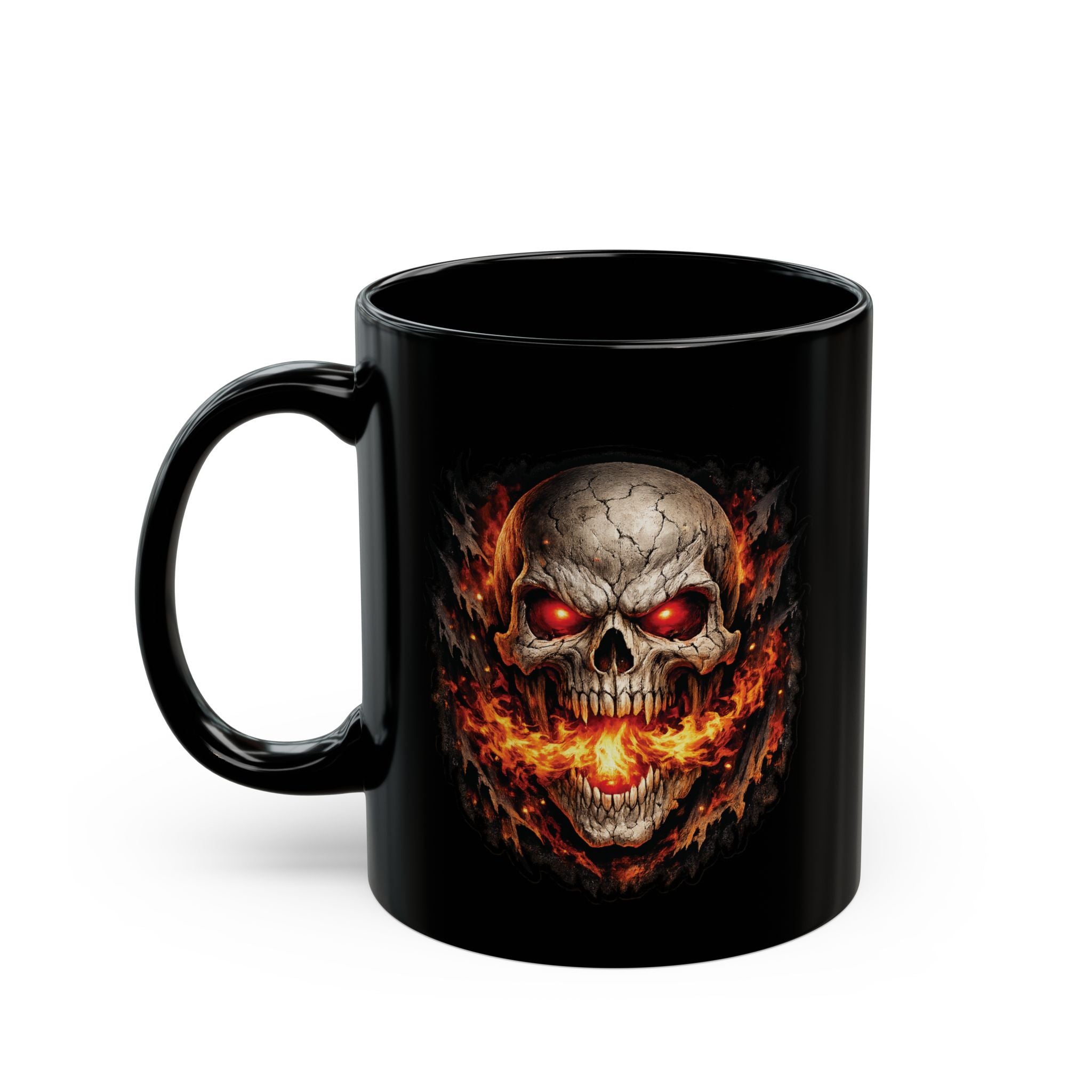 Flaming Skull Coffee Mug – Gothic Skull with Fiery Eyes (11oz & 15oz)