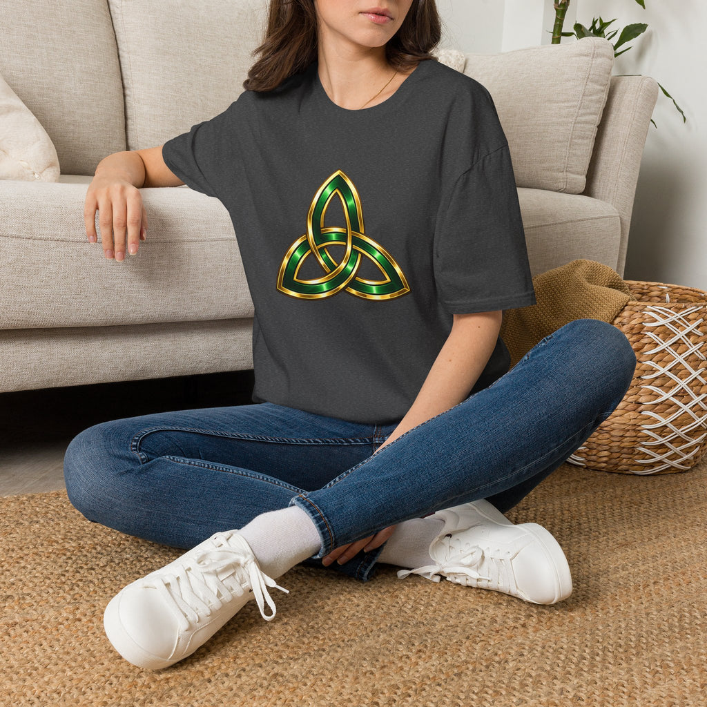 Celtic Trinity Knot T-Shirt — Gold & Emerald Irish Triquetra Design