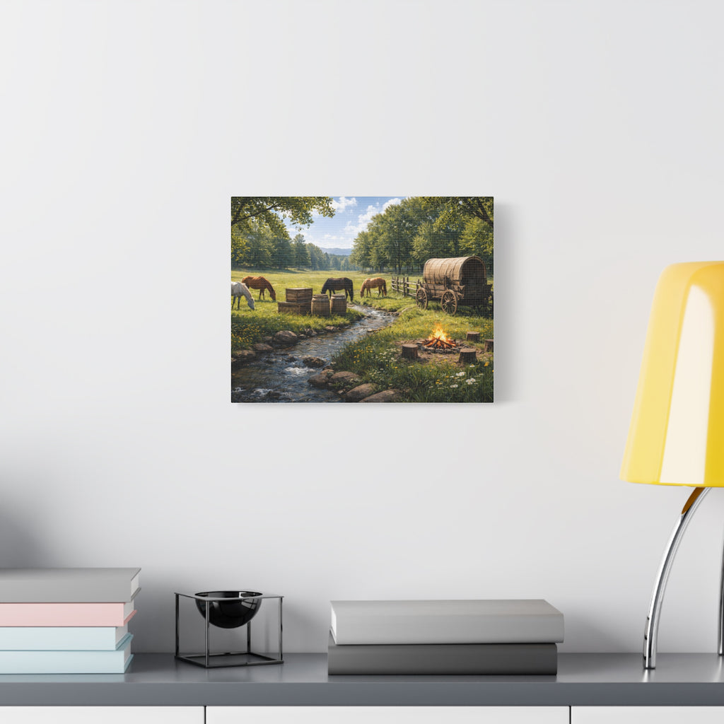 Country Trail Canvas Print – Rustic Wagon & Horses Matte Stretched Wall Art