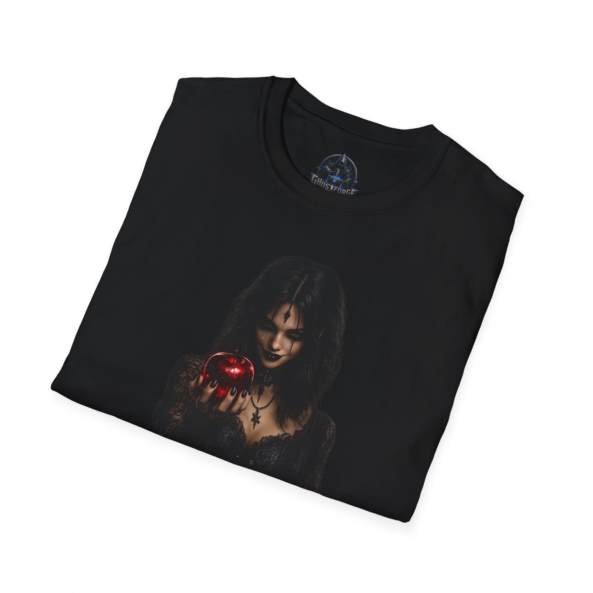 Dark Enchantress T-Shirt — Gothic Witch Holding Red Apple