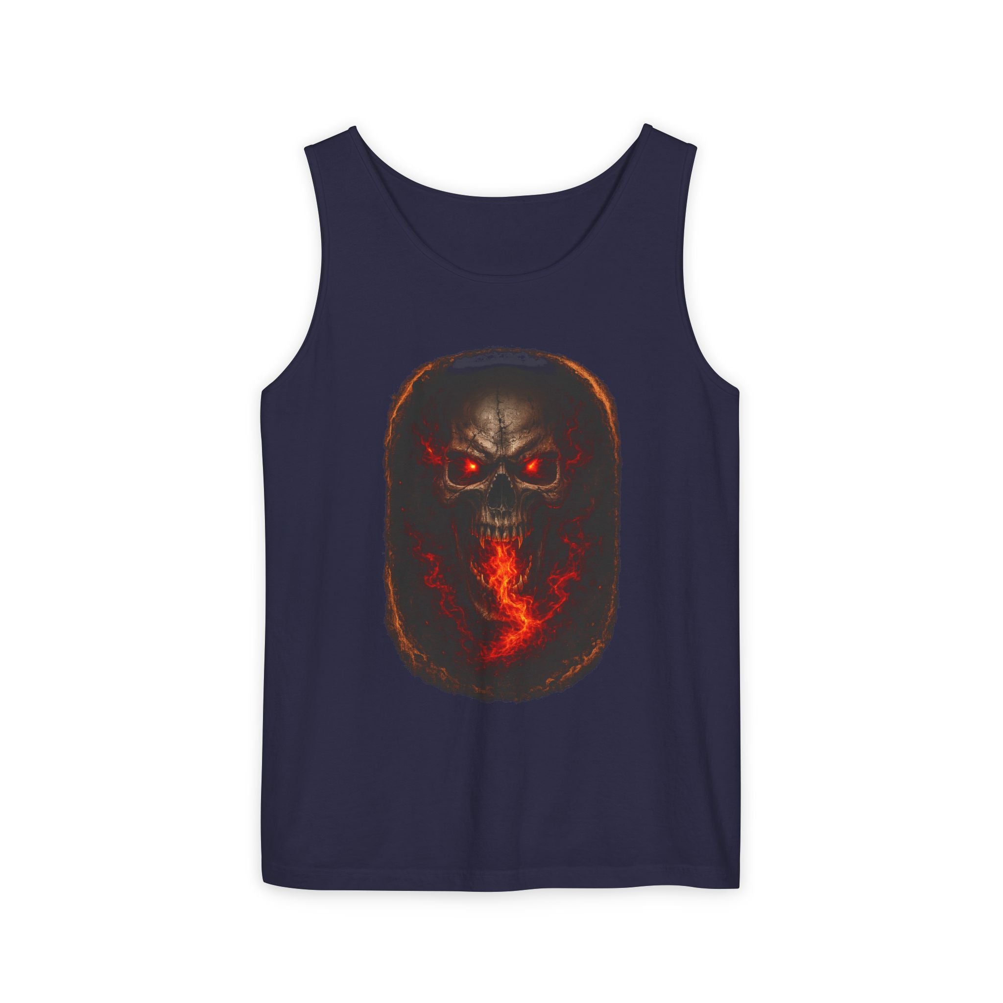 Demon Skull Flame Tank Top — Horror Graphic Summer Tee