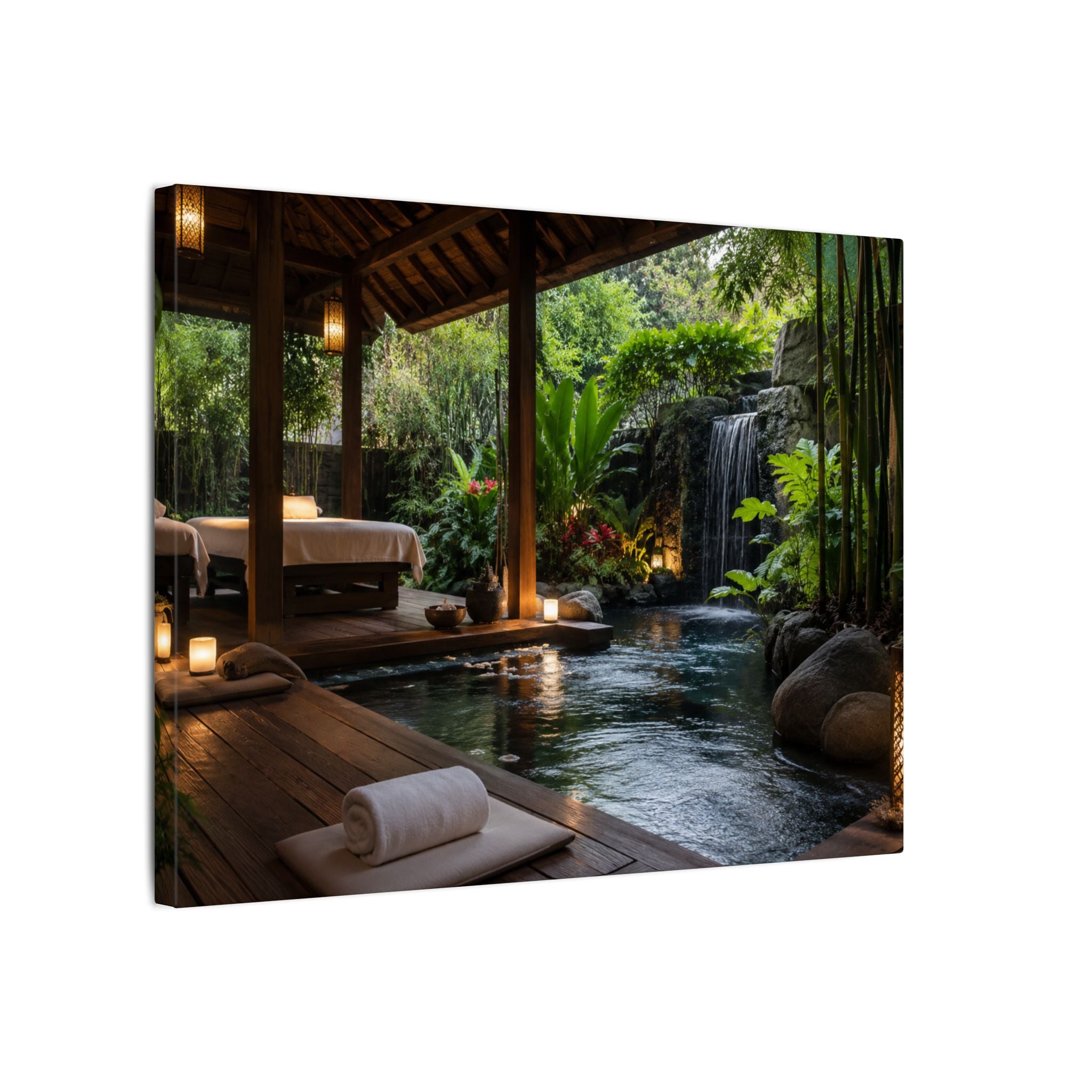 Spa Retreat Canvas Print — Tropical Waterfall Relaxation Wall Art