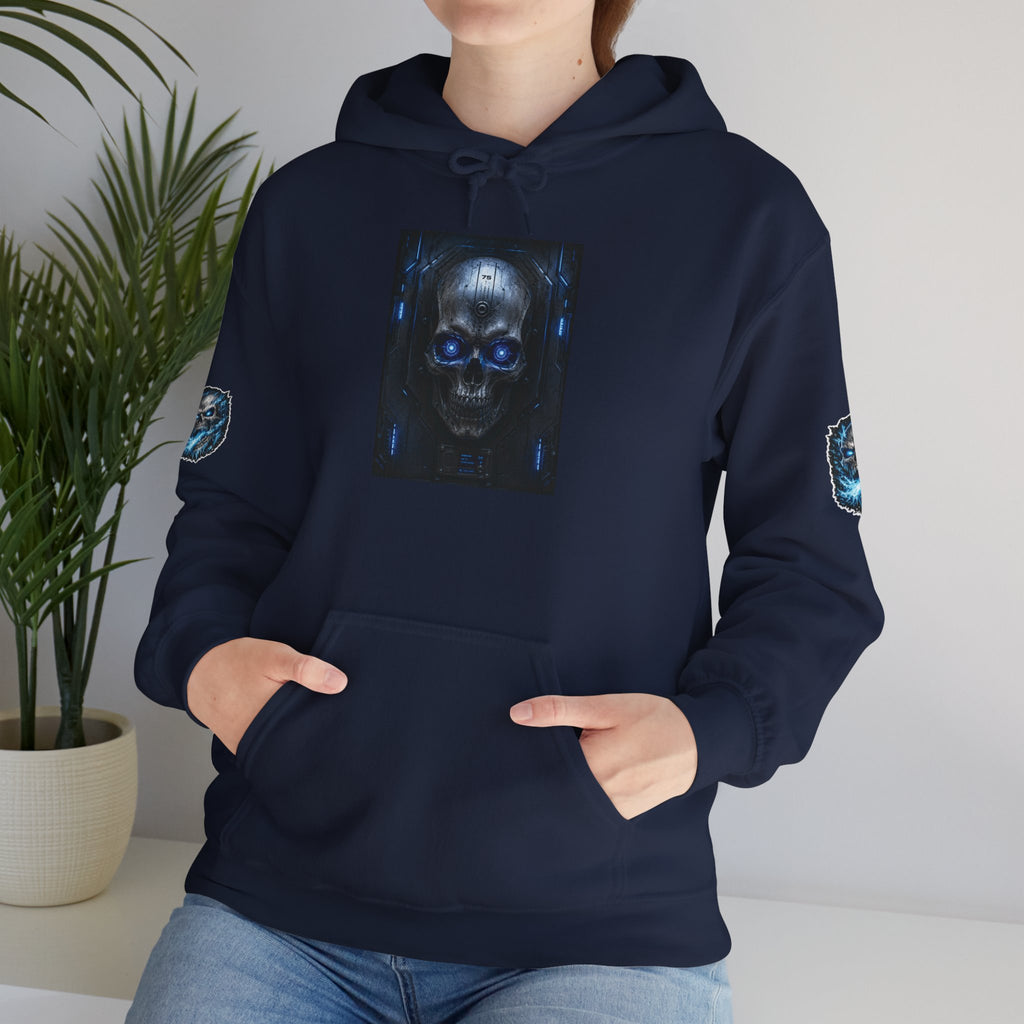 Premium Skull Hoodie — Blue Cyber Skull Graphic Pullover