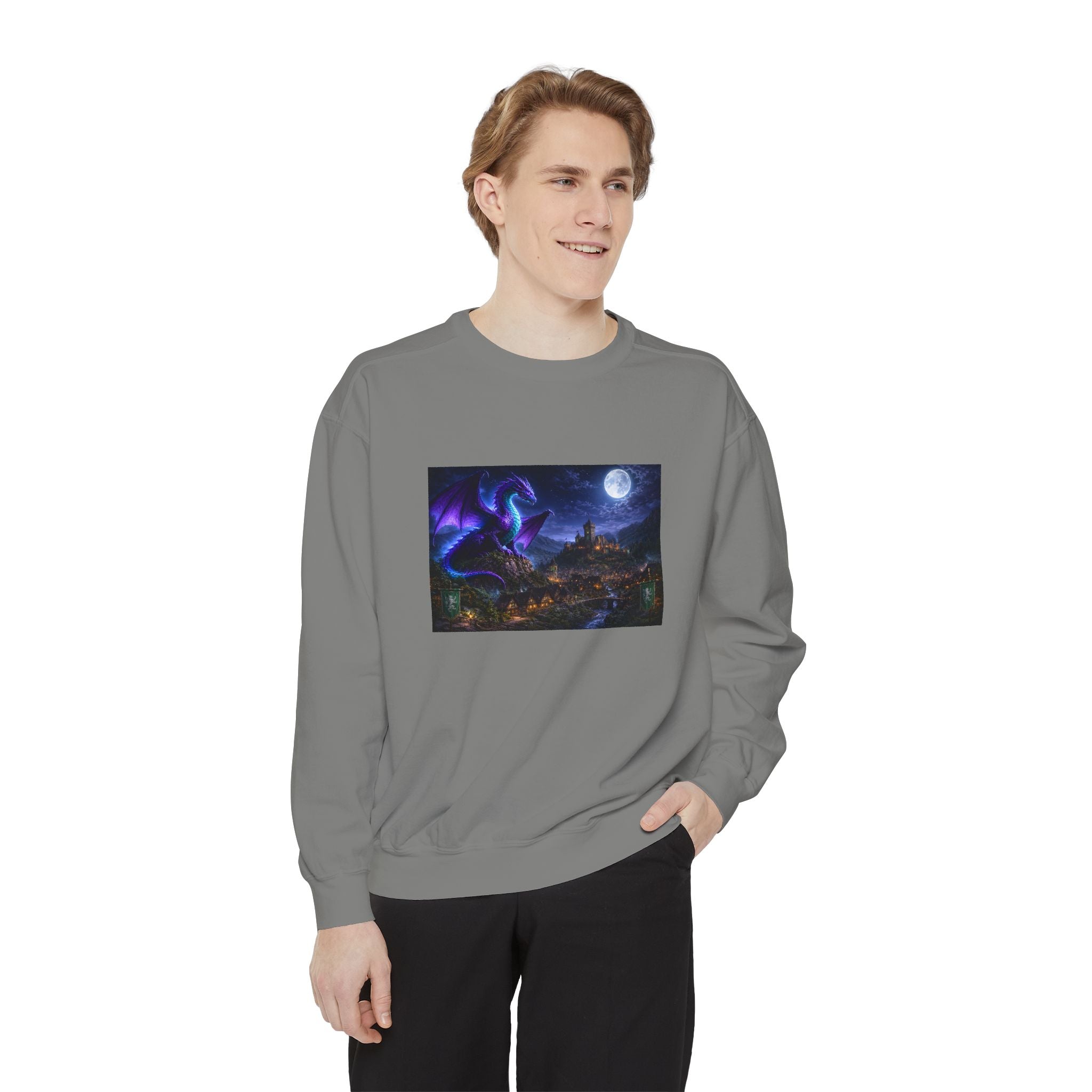 Dragon Night Sweatshirt — Mystical Purple Dragon Over Moonlit Village