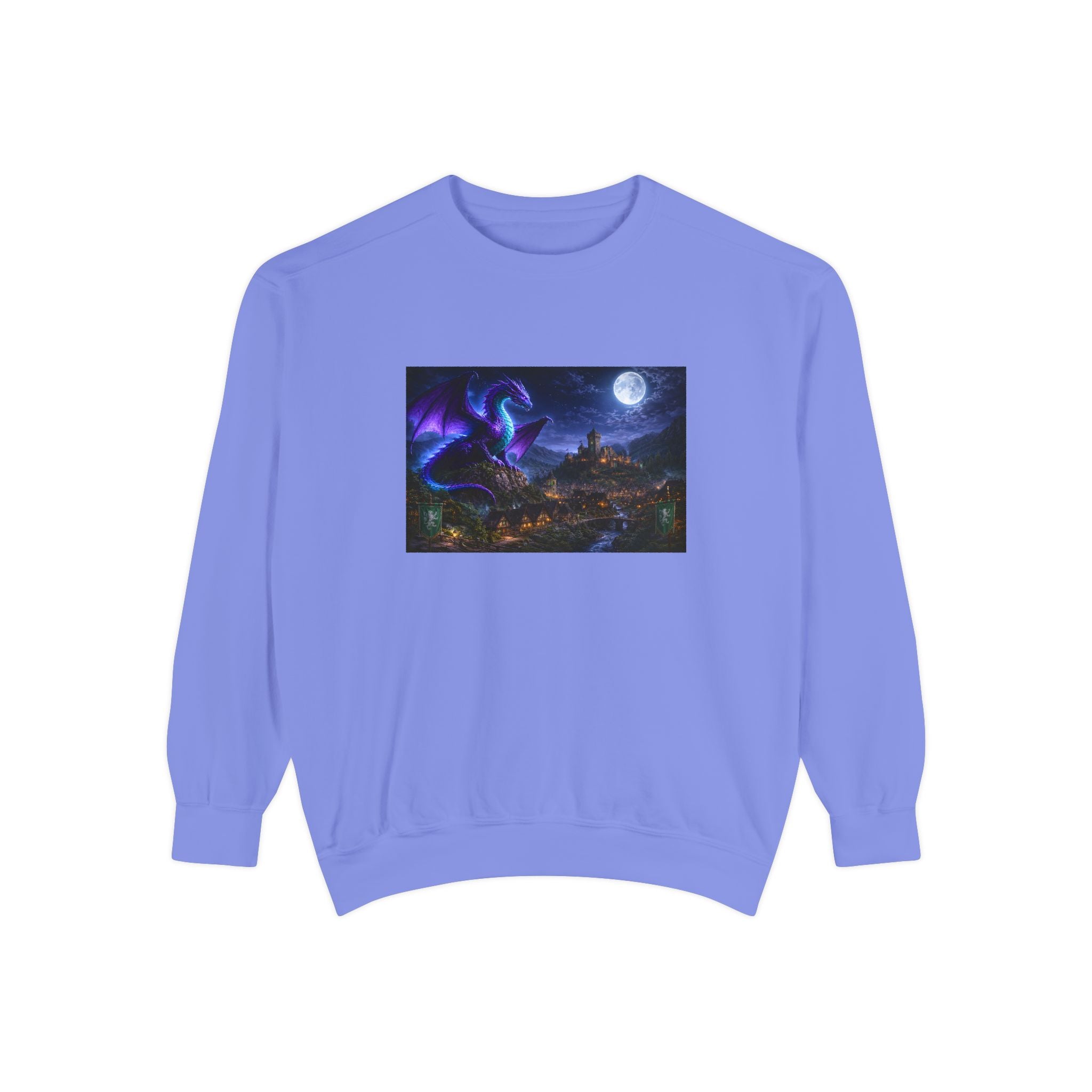 Dragon Night Sweatshirt — Mystical Purple Dragon Over Moonlit Village
