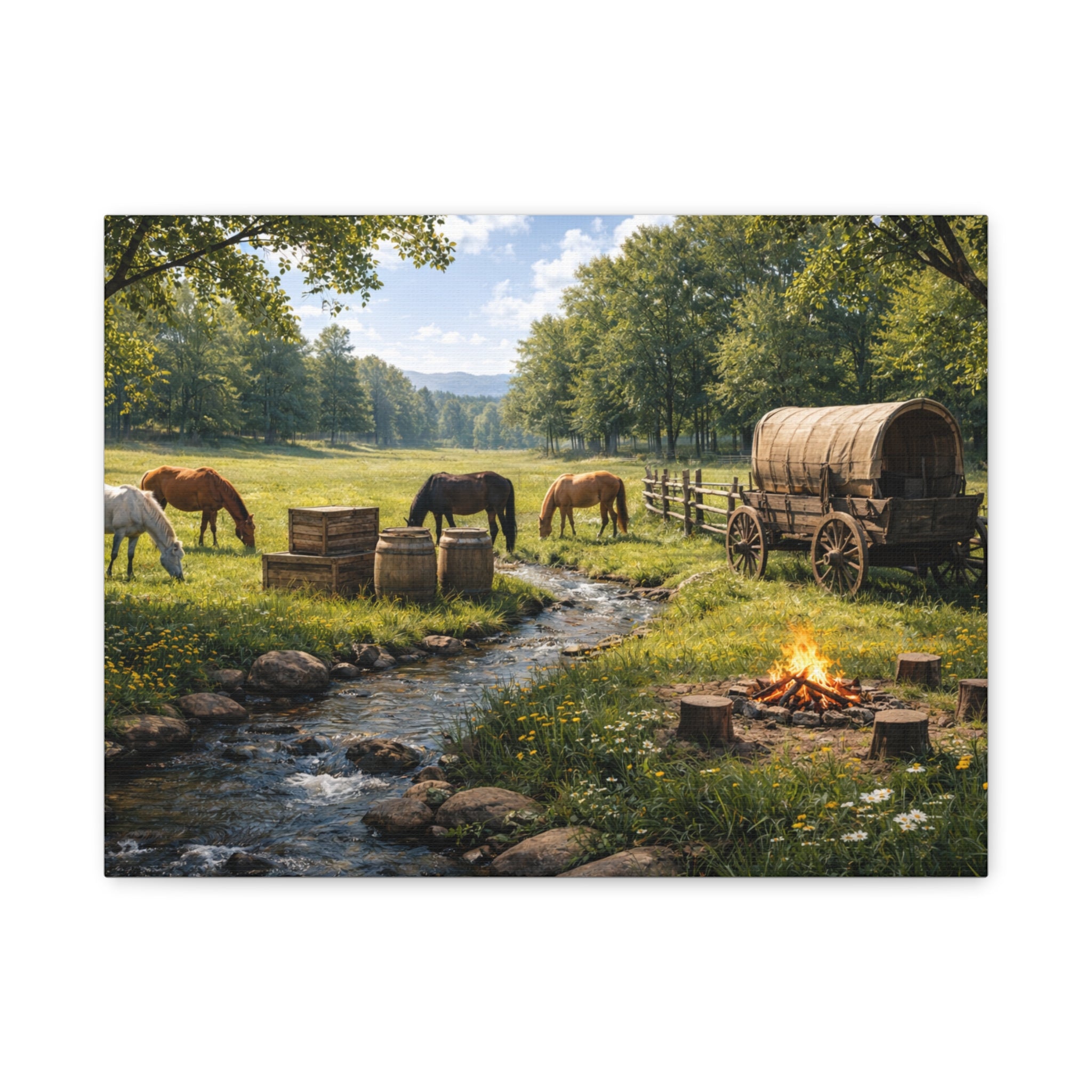 Country Trail Canvas Print – Rustic Wagon & Horses Matte Stretched Wall Art