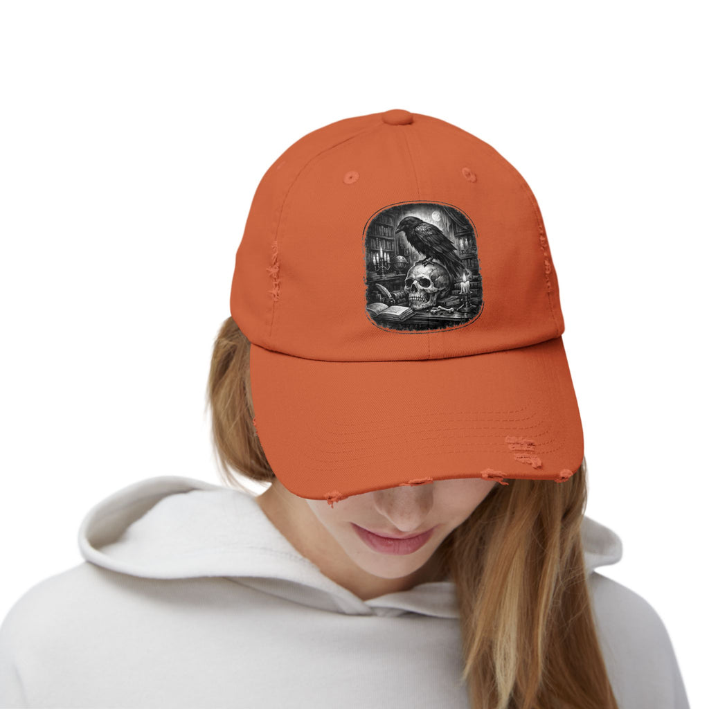 Distressed Raven & Skull Cap — Gothic Vintage Baseball Hat