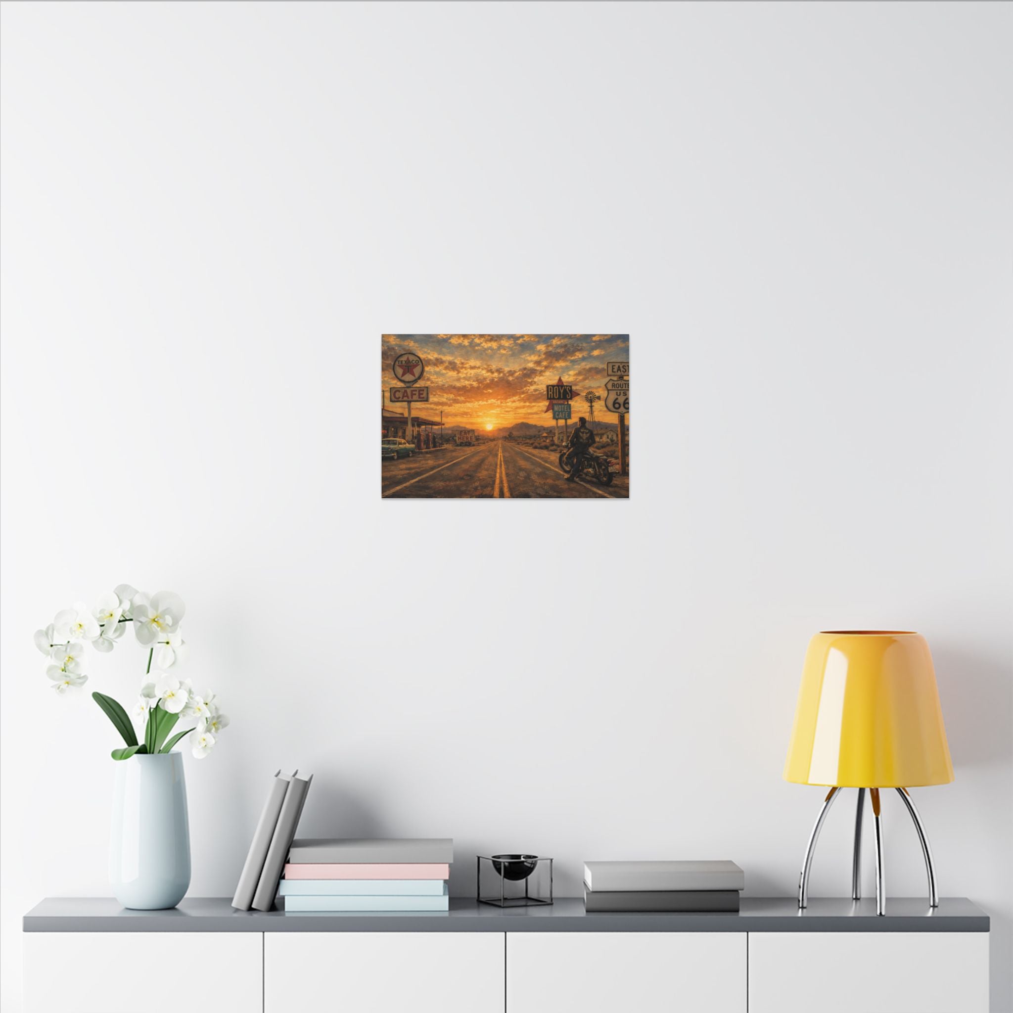 Route 66 Sunset Motorcycle Canvas Wall Art — Vintage Roadside Cafe Print