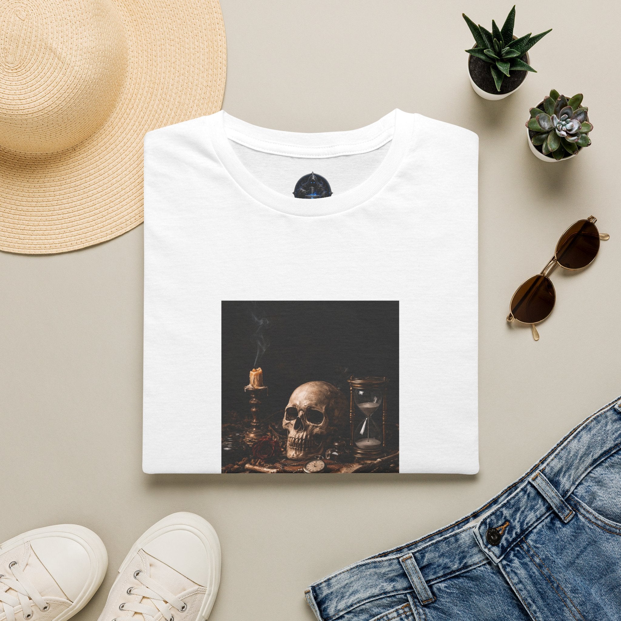 Skull Still Life T-Shirt — Vintage Vanitas Candle & Hourglass Tee
