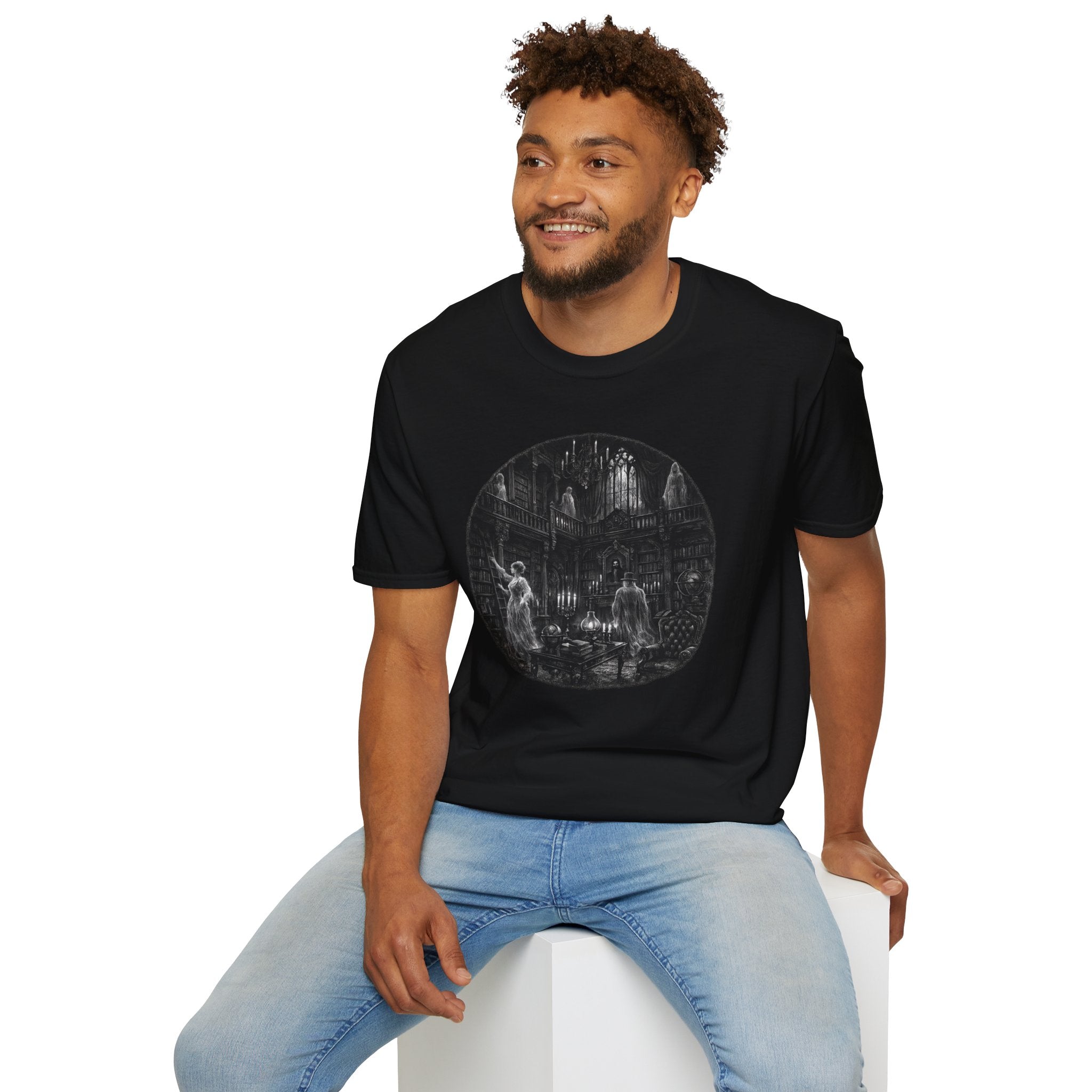 Gothic Haunted Library Scene T-Shirt — Haunted Library Art Tee