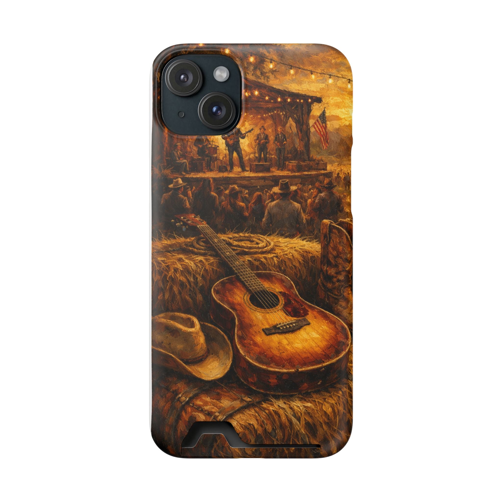 Country Music Guitar Phone Case with Card Holder — Rustic Concert Scene