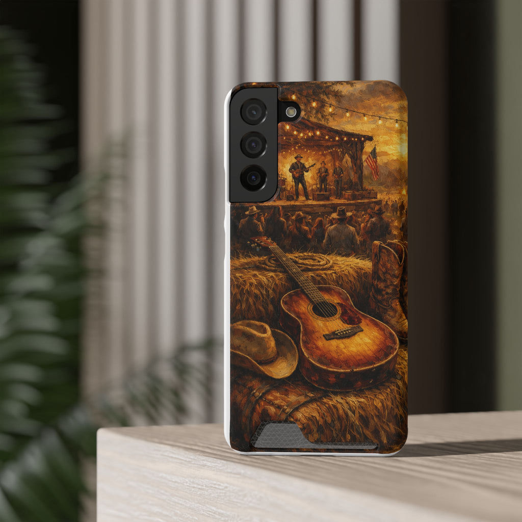 Country Music Guitar Phone Case with Card Holder — Rustic Concert Scene