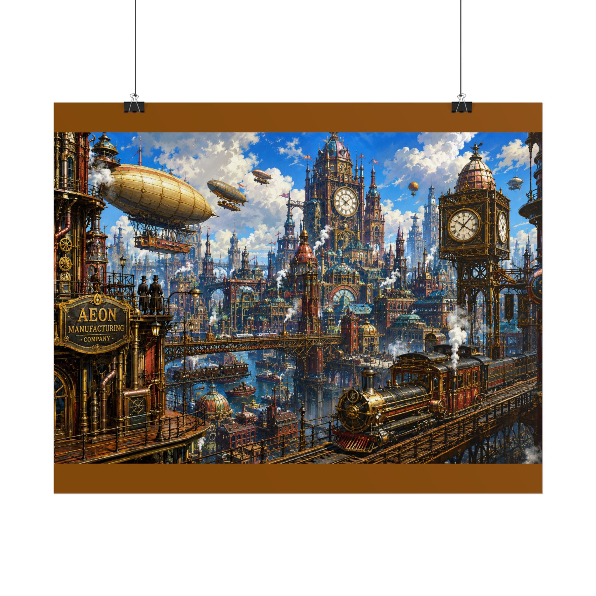Steampunk Cityscape Poster — Vintage Airships & Clocktower Rolled Art Print