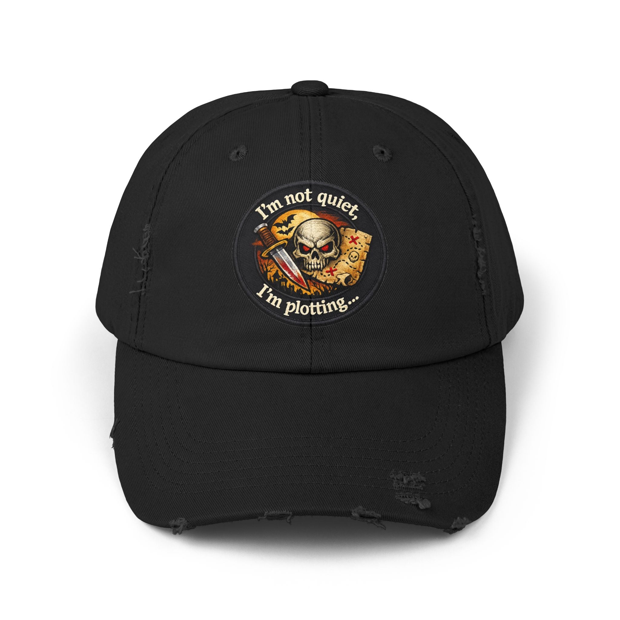 Skull & Map Distressed Cap – "I'm Not Quiet, I'm Plotting" Hat