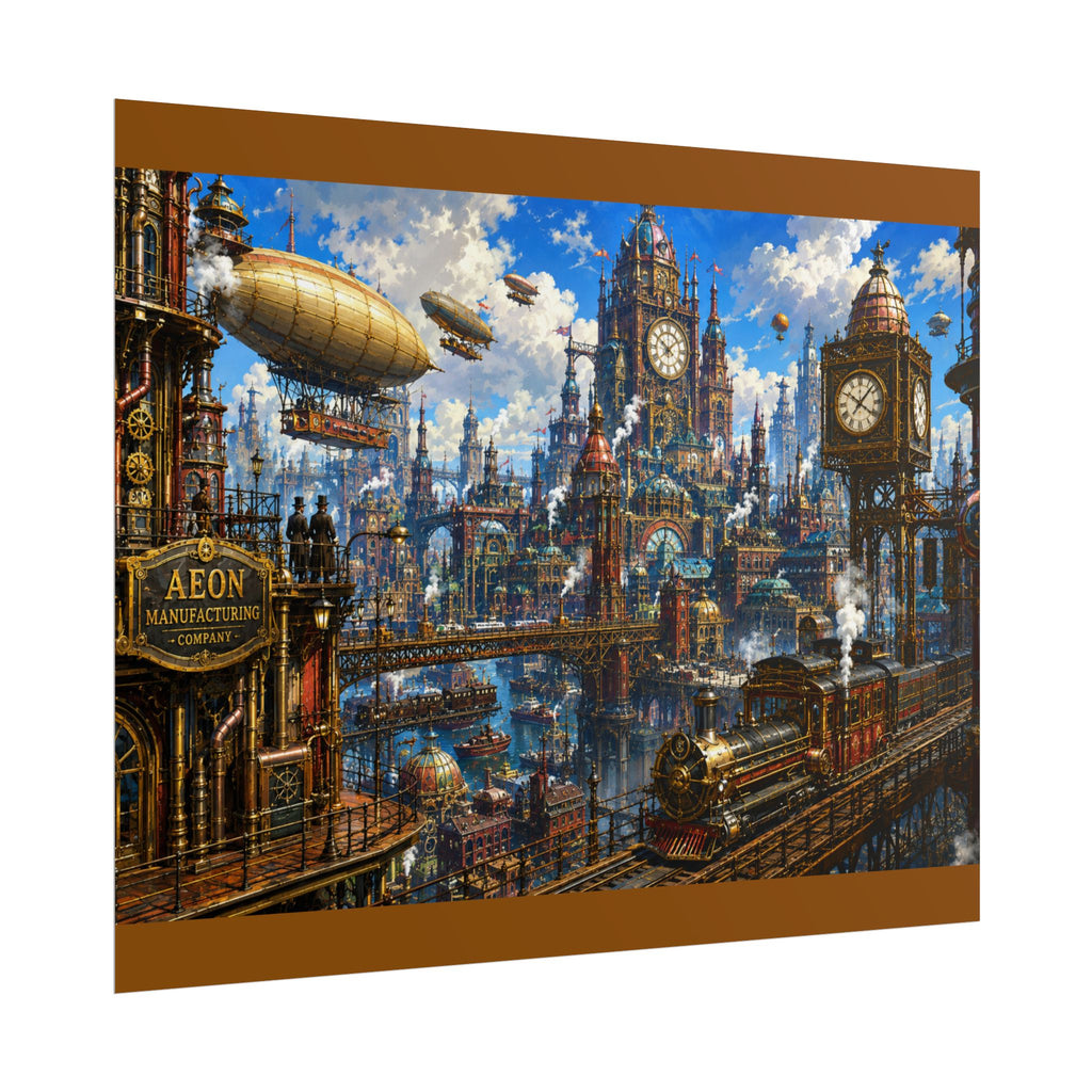 Steampunk Cityscape Poster — Vintage Airships & Clocktower Rolled Art Print