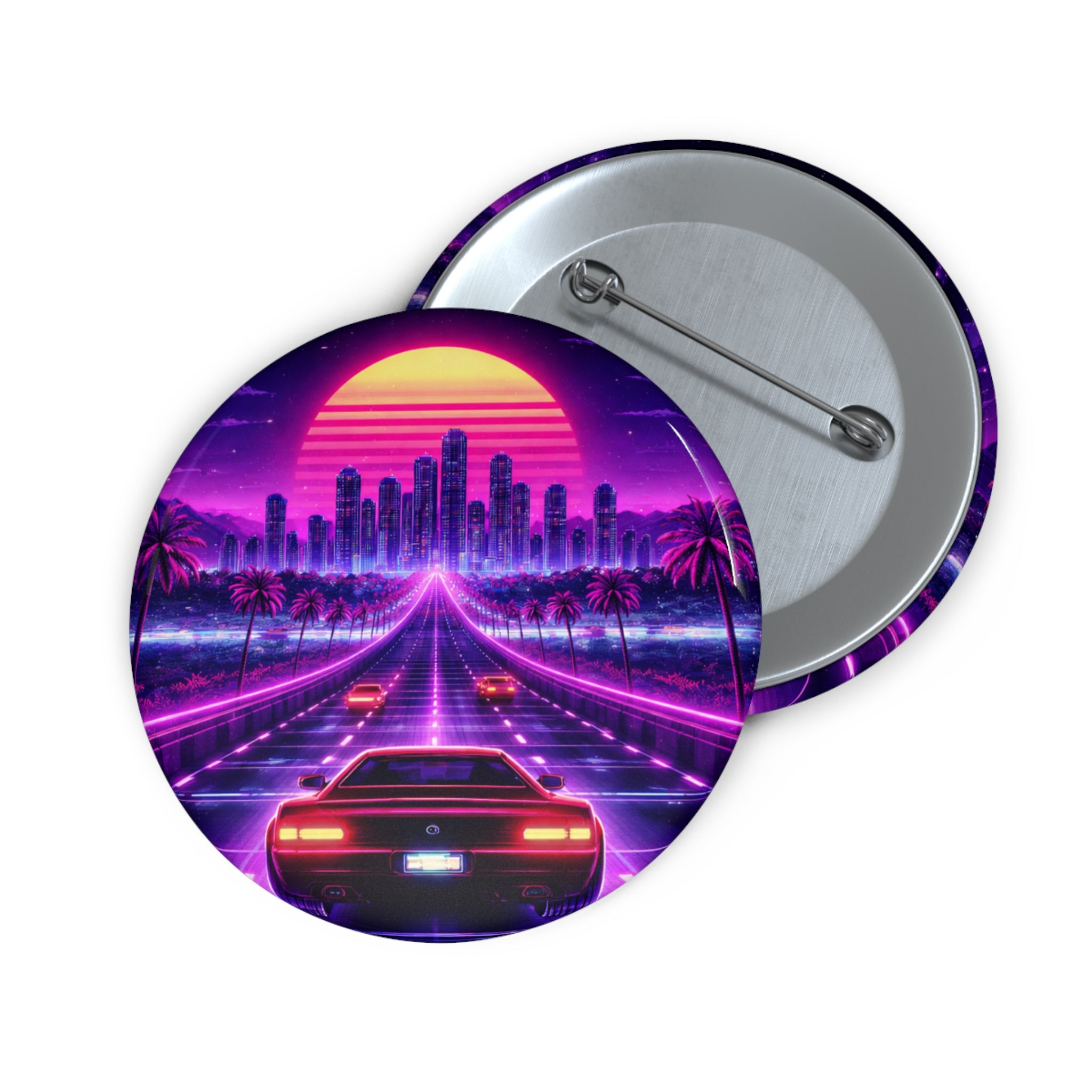 Retro Cyberpunk 1984 Inspired Video Game Pin Button — Neon Sunset Cityscape Car Design