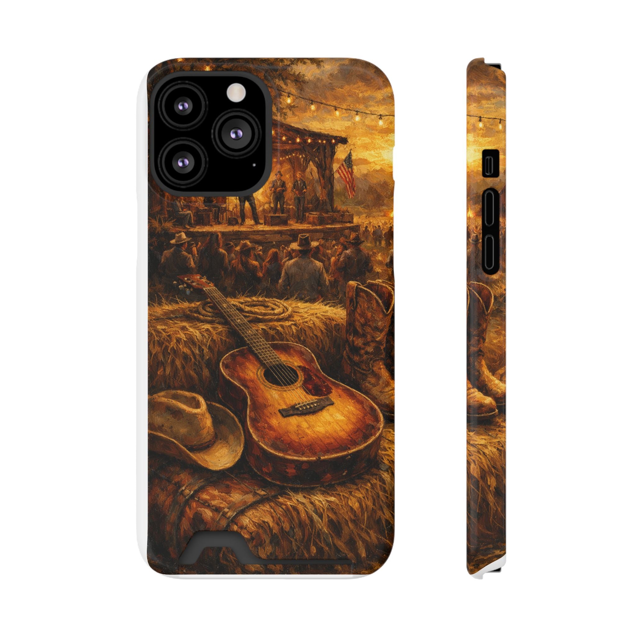 Country Music Guitar Phone Case with Card Holder — Rustic Concert Scene