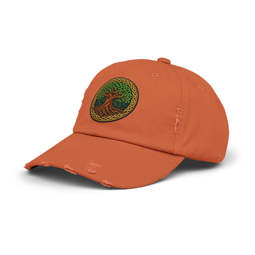 Distressed Baseball Cap — Celtic Tree of Life Faux-Embroidered Adjustable Hat
