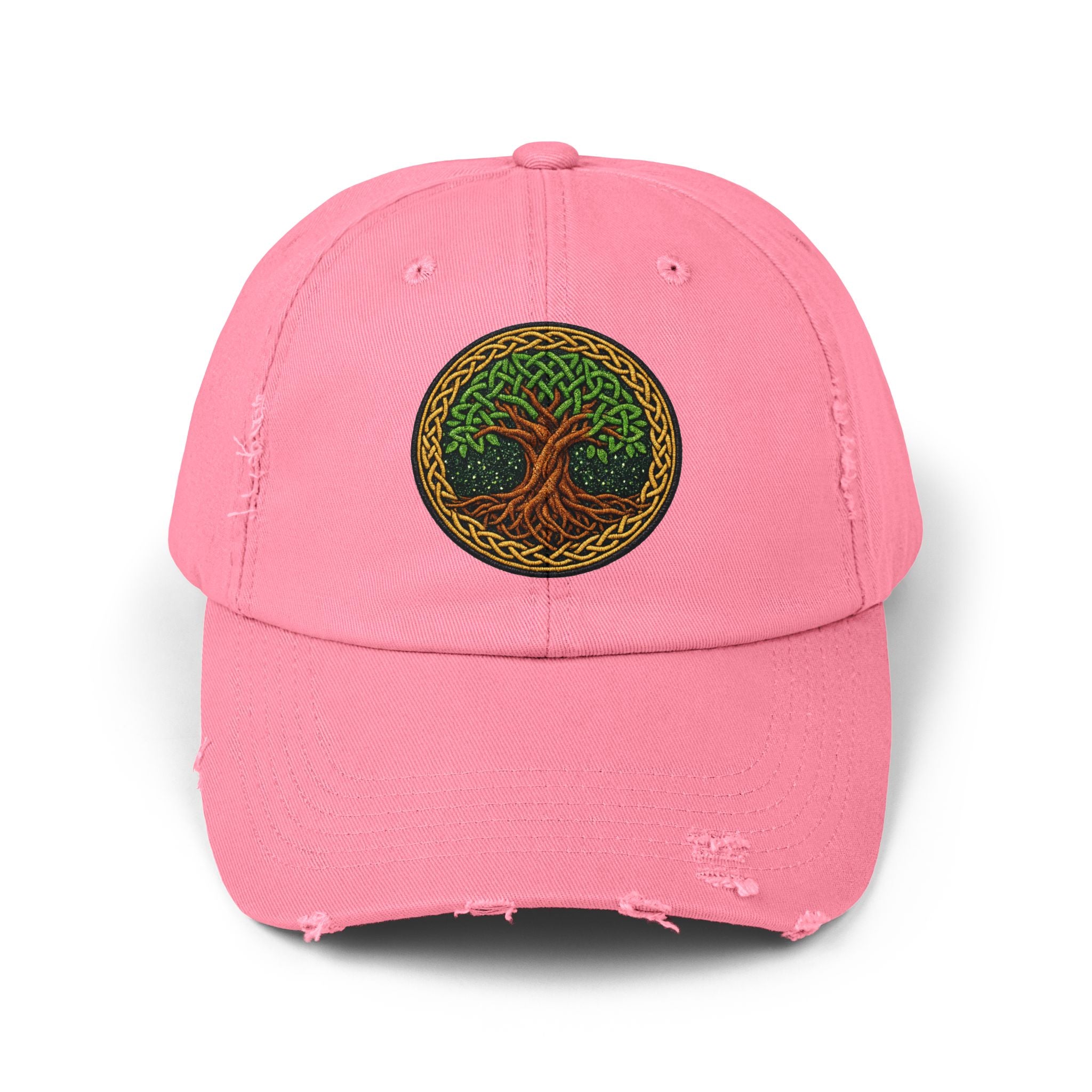 Distressed Baseball Cap — Celtic Tree of Life Faux-Embroidered Adjustable Hat