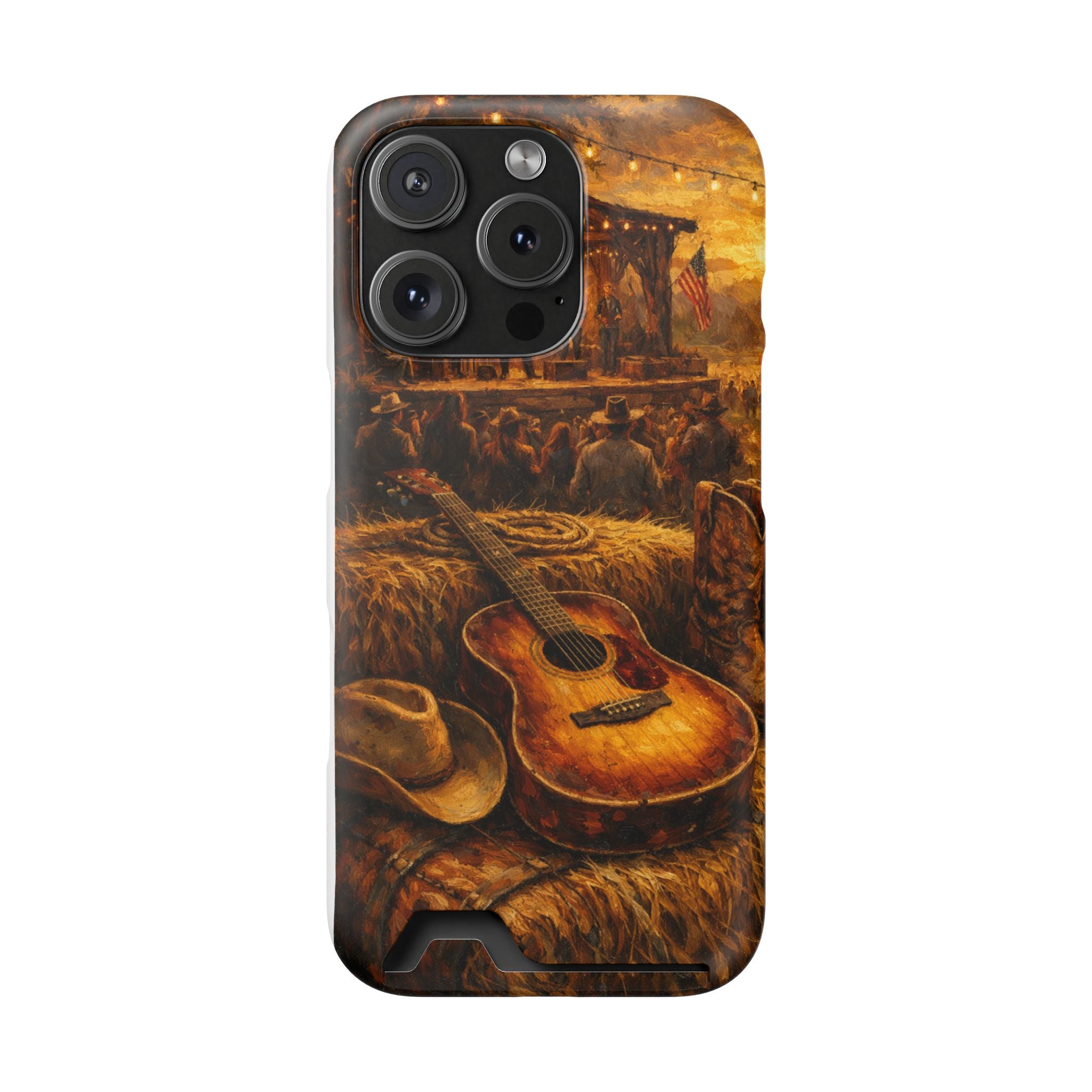 Country Music Guitar Phone Case with Card Holder — Rustic Concert Scene