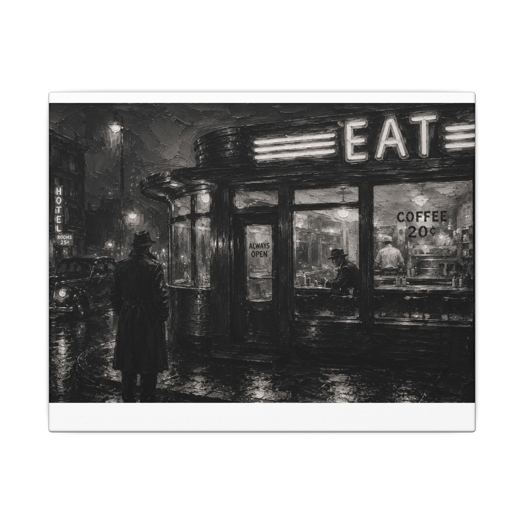 Retro Diner Night Canvas — Noir Street Scene Matte Wall Art