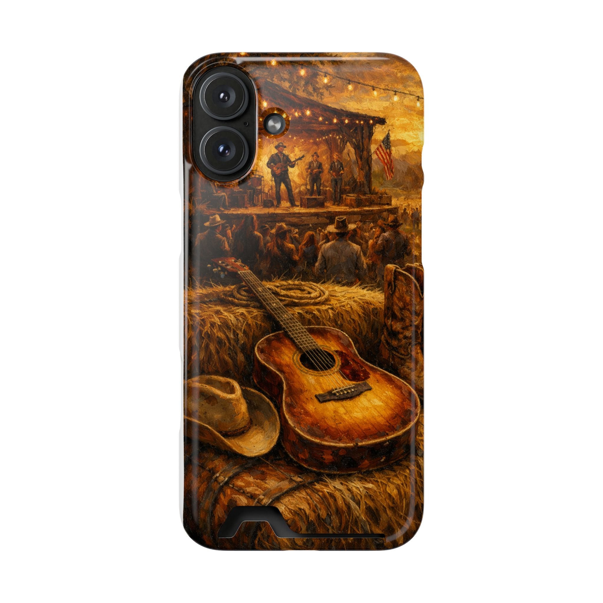 Country Music Guitar Phone Case with Card Holder — Rustic Concert Scene