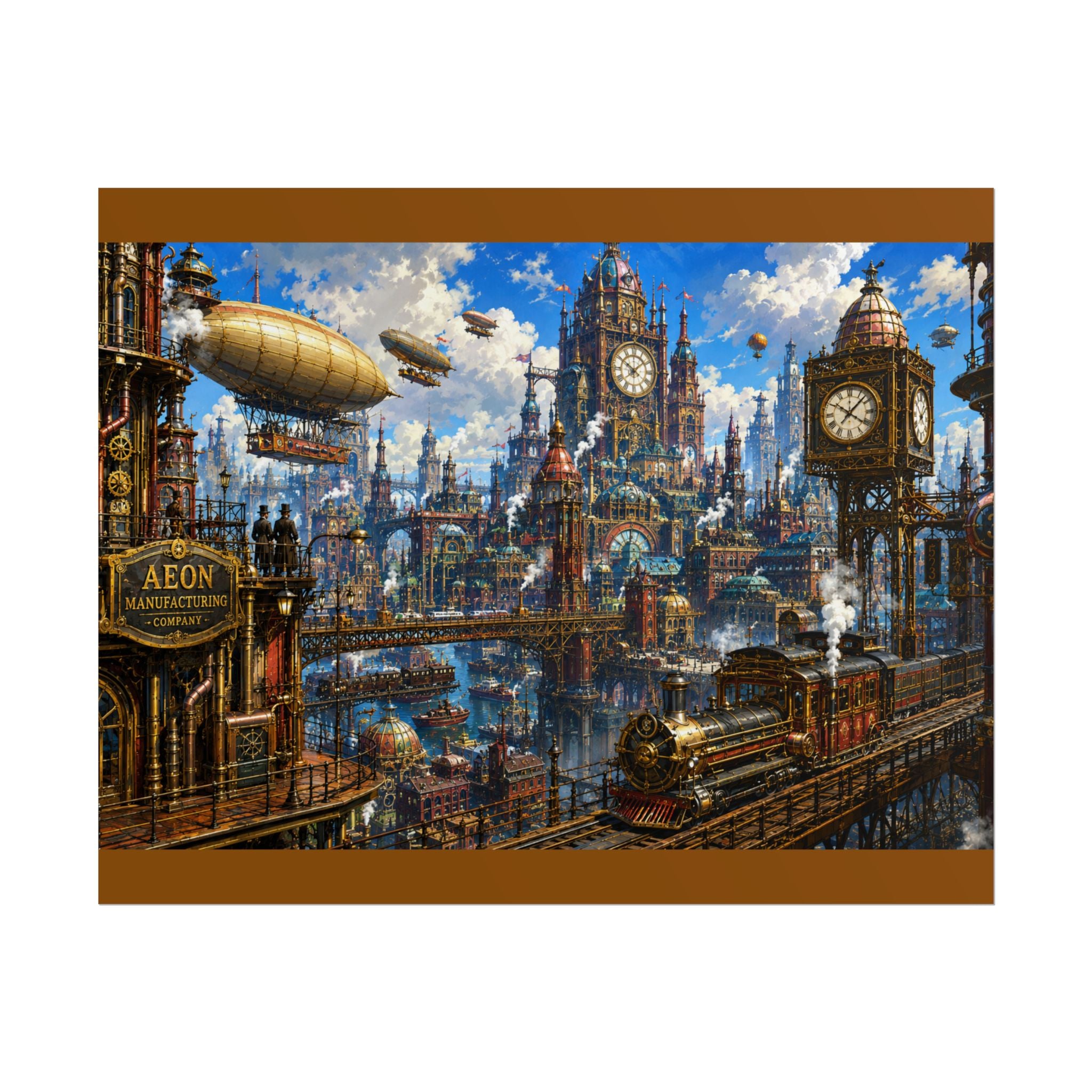Steampunk Cityscape Poster — Vintage Airships & Clocktower Rolled Art Print