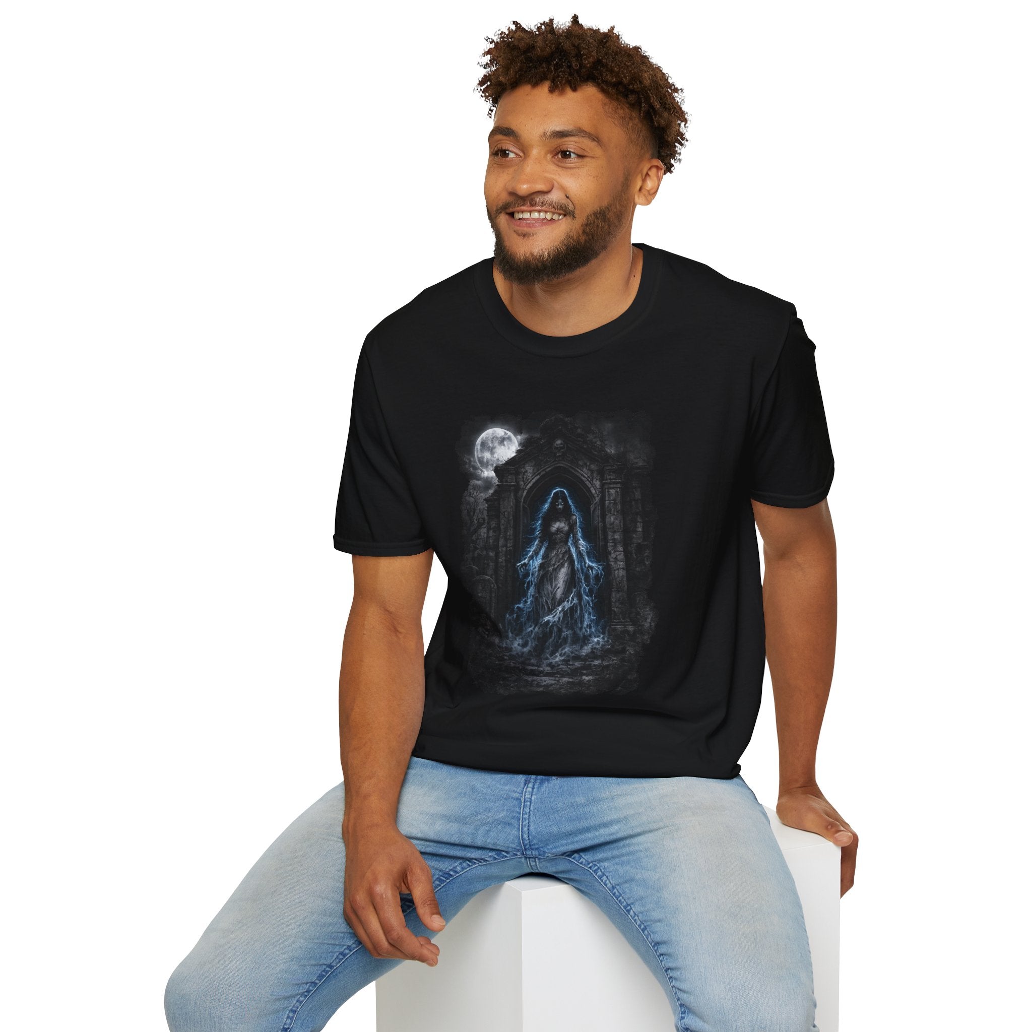 Gothic Moonlight Apparition T‑Shirt — Haunted Shrine Ghost Design