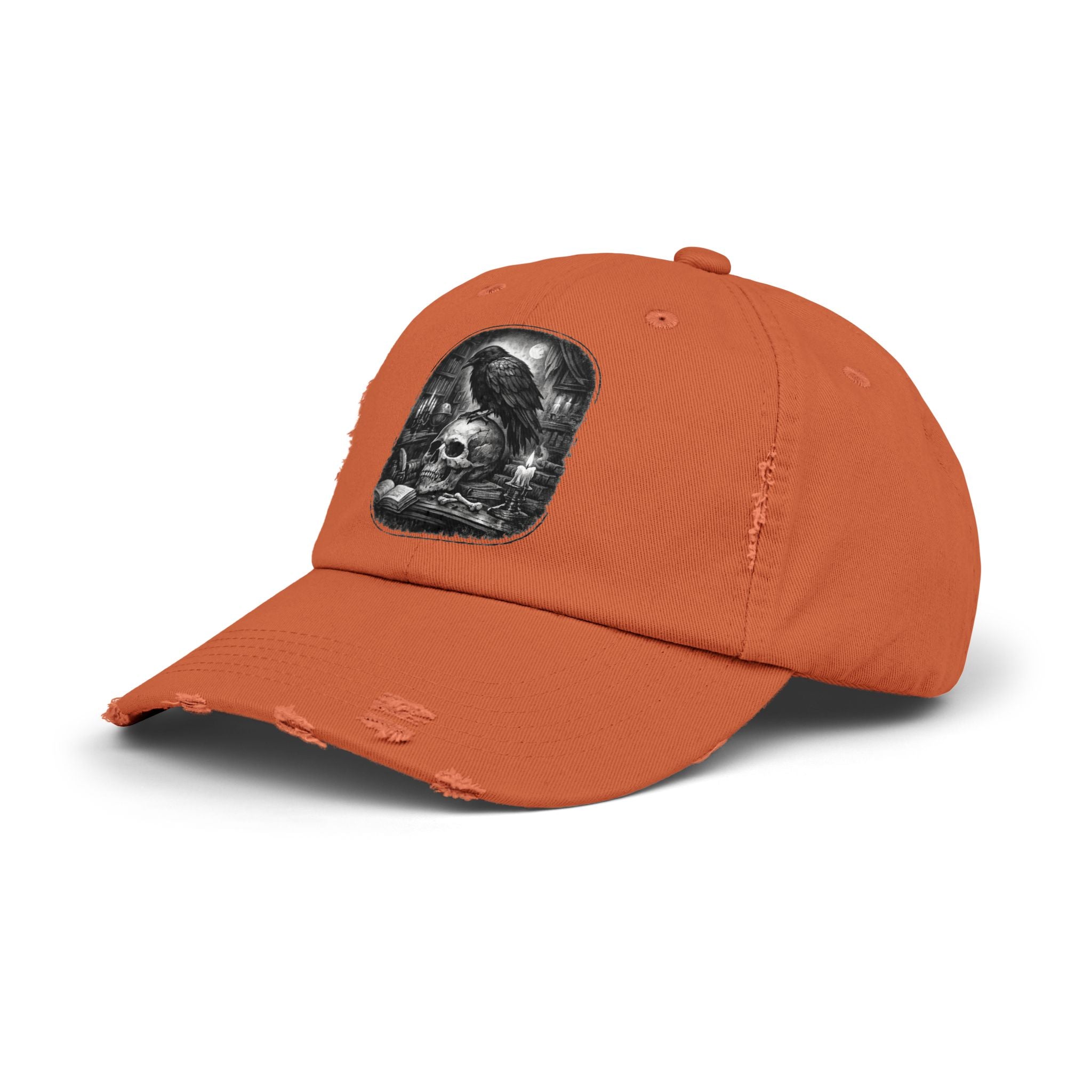 Distressed Raven & Skull Cap — Gothic Vintage Baseball Hat