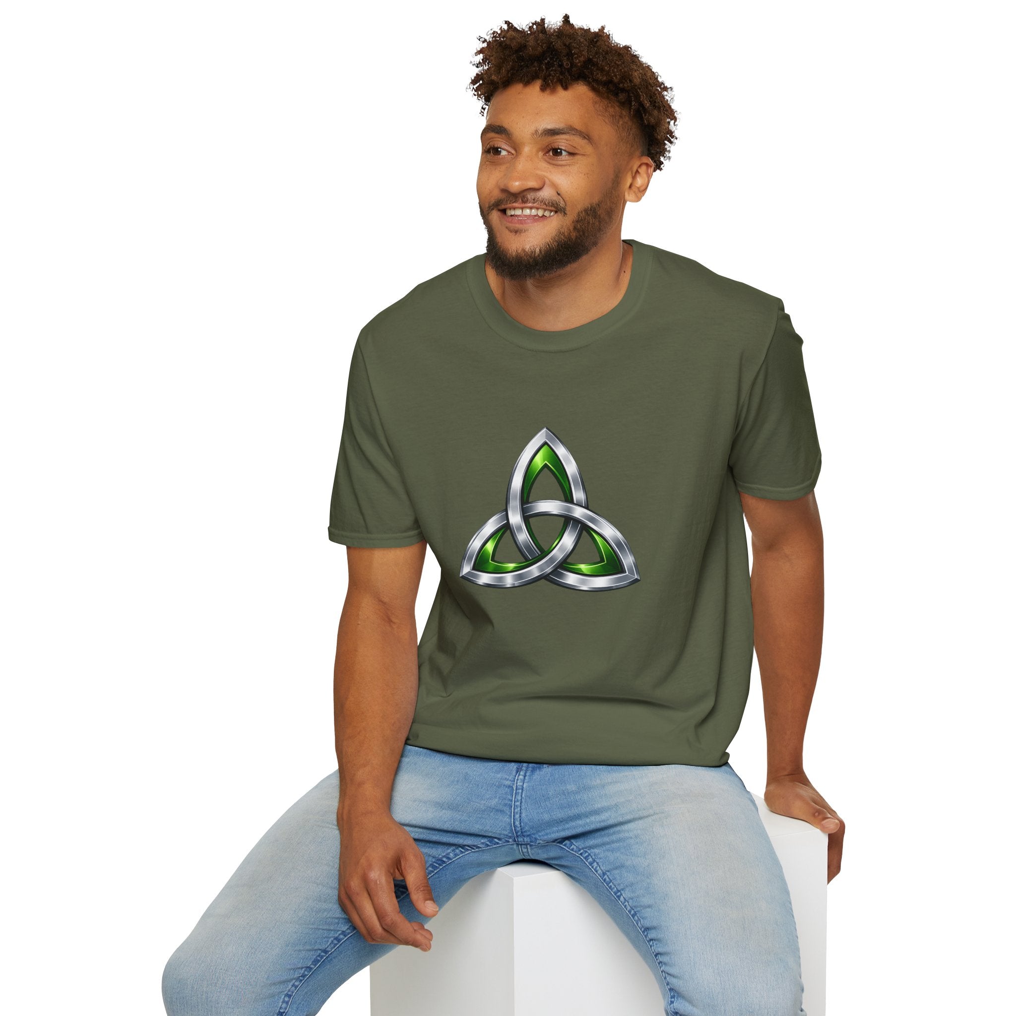 Celtic Trinity Knot T-Shirt — Metallic Green Triquetra Design