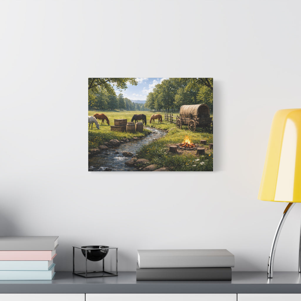 Country Trail Canvas Print – Rustic Wagon & Horses Matte Stretched Wall Art