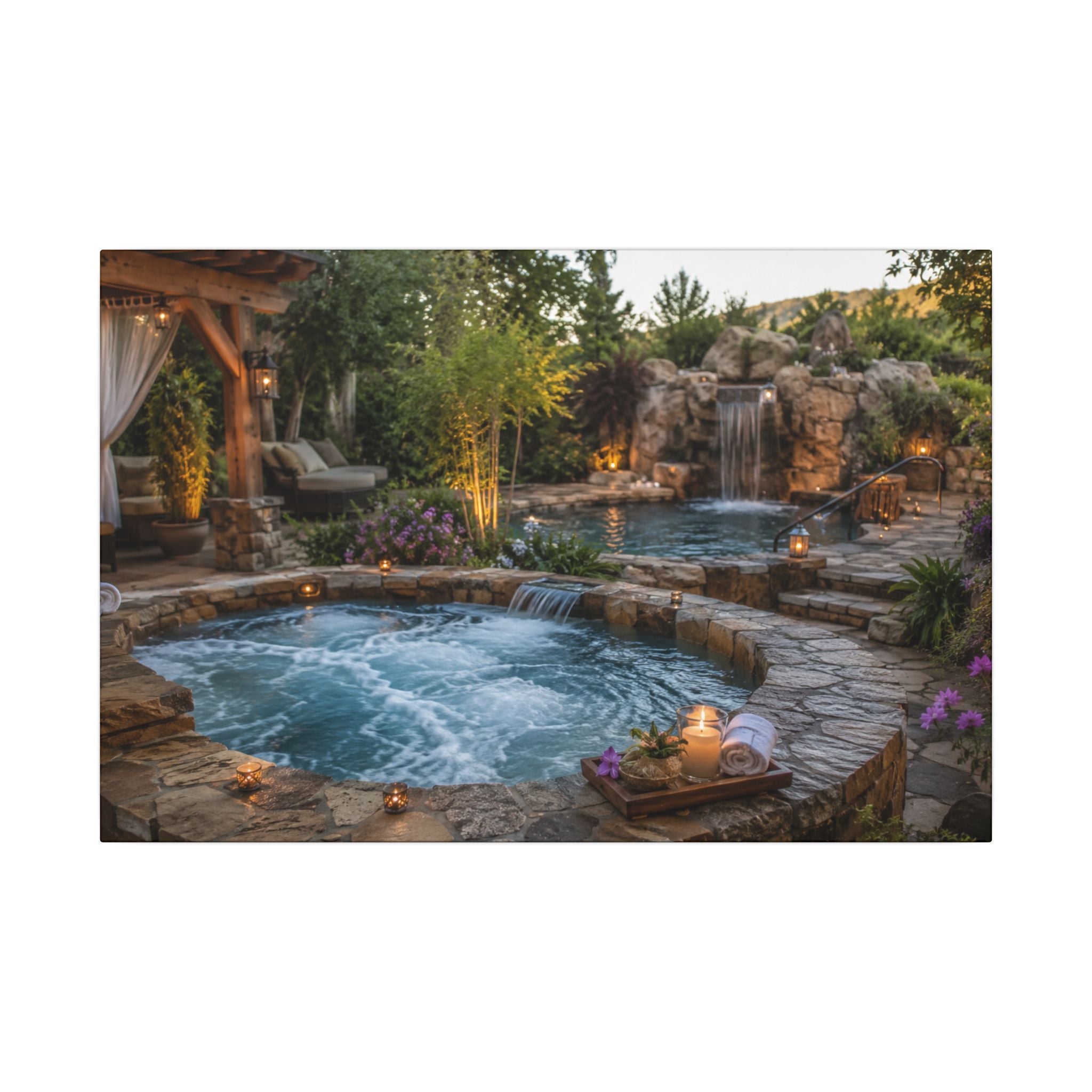 Relaxing Backyard Spa Canvas Wall Art – Tranquil Pool & Waterfall Scene