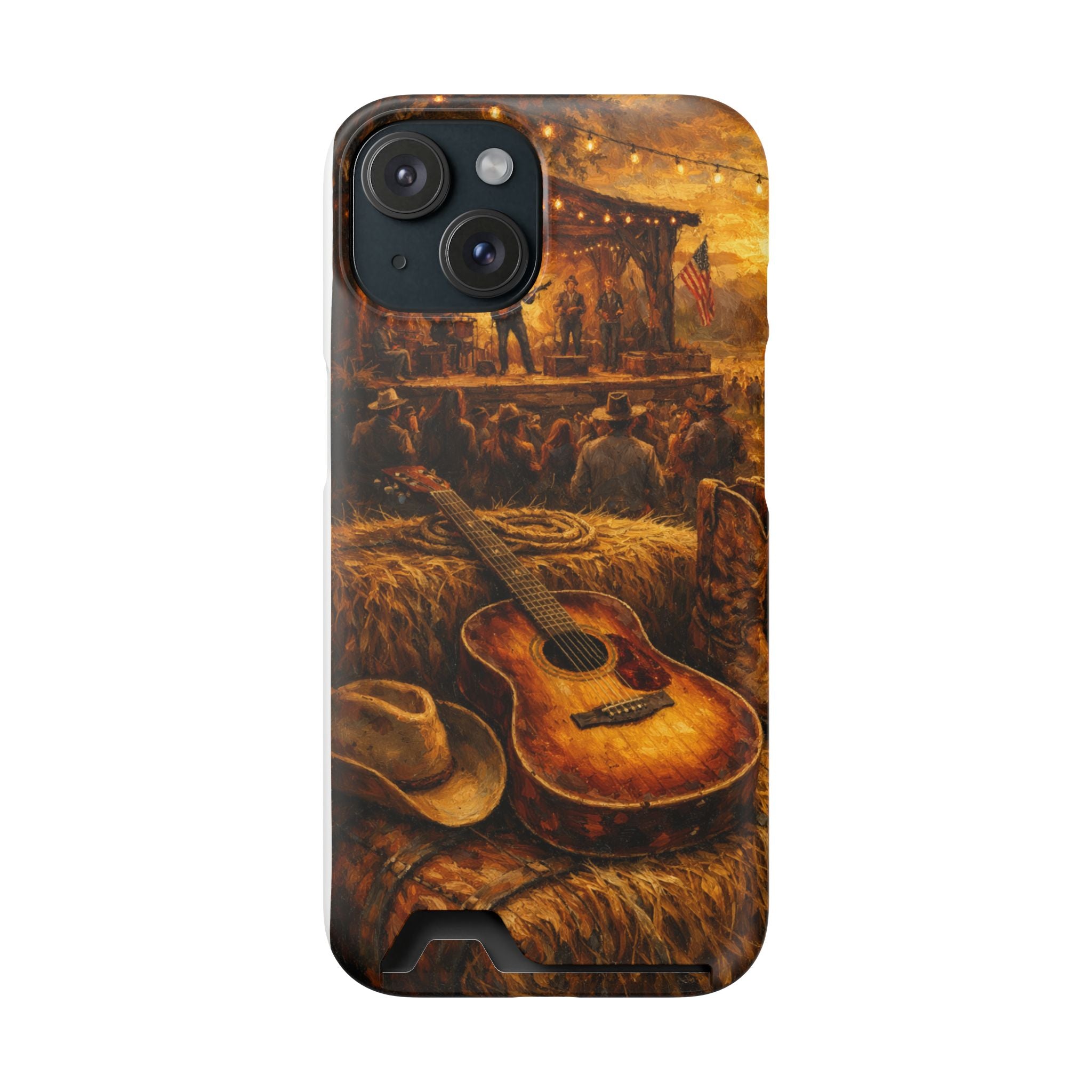 Country Music Guitar Phone Case with Card Holder — Rustic Concert Scene
