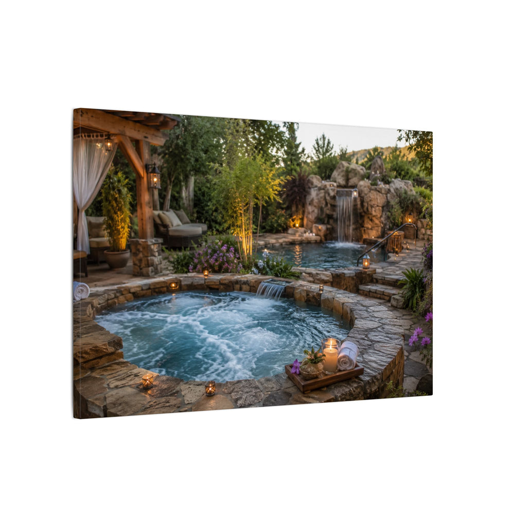 Relaxing Backyard Spa Canvas Wall Art – Tranquil Pool & Waterfall Scene