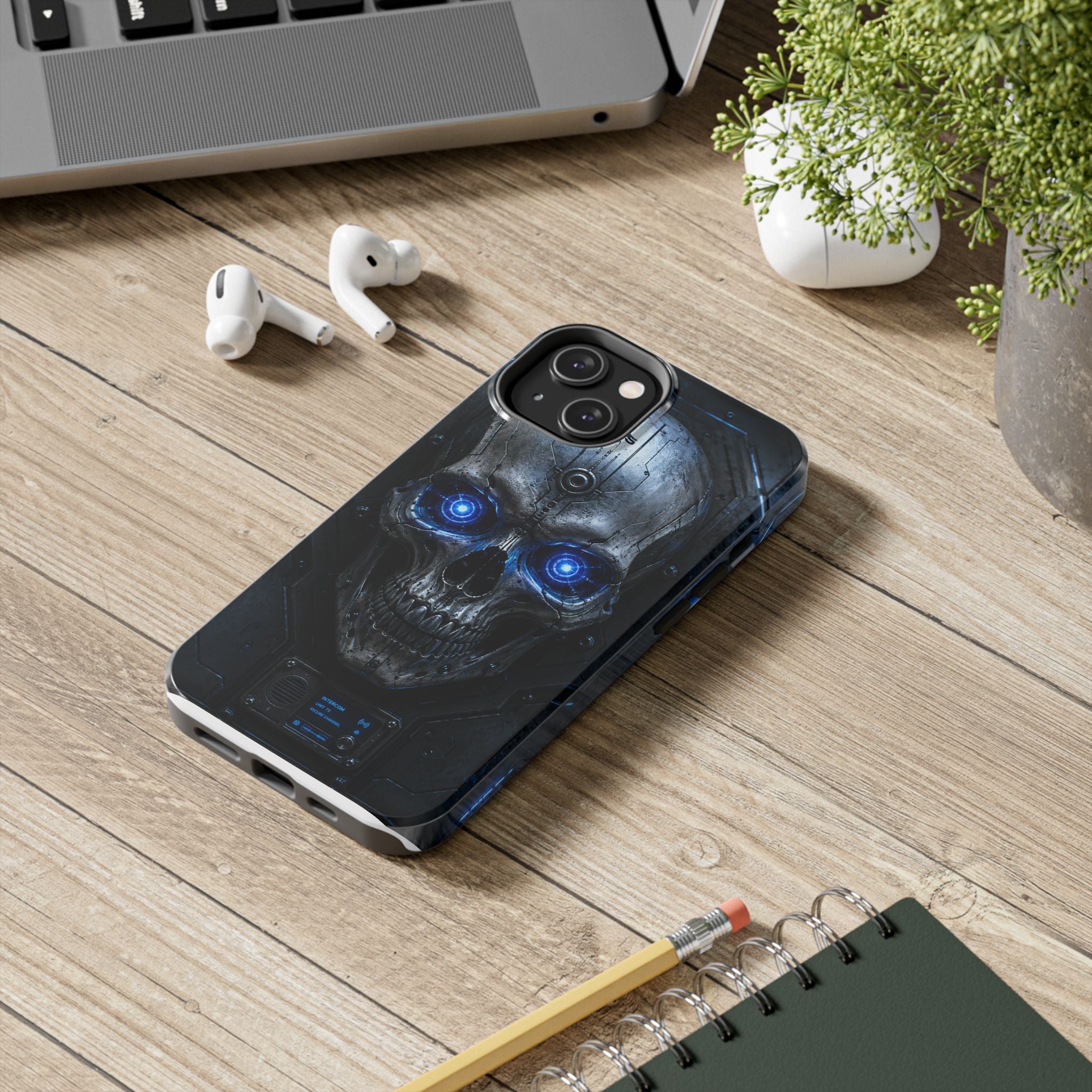 Cyber Skull Tough Phone Case — Blue LED Scary Robot Skull iPhone Case