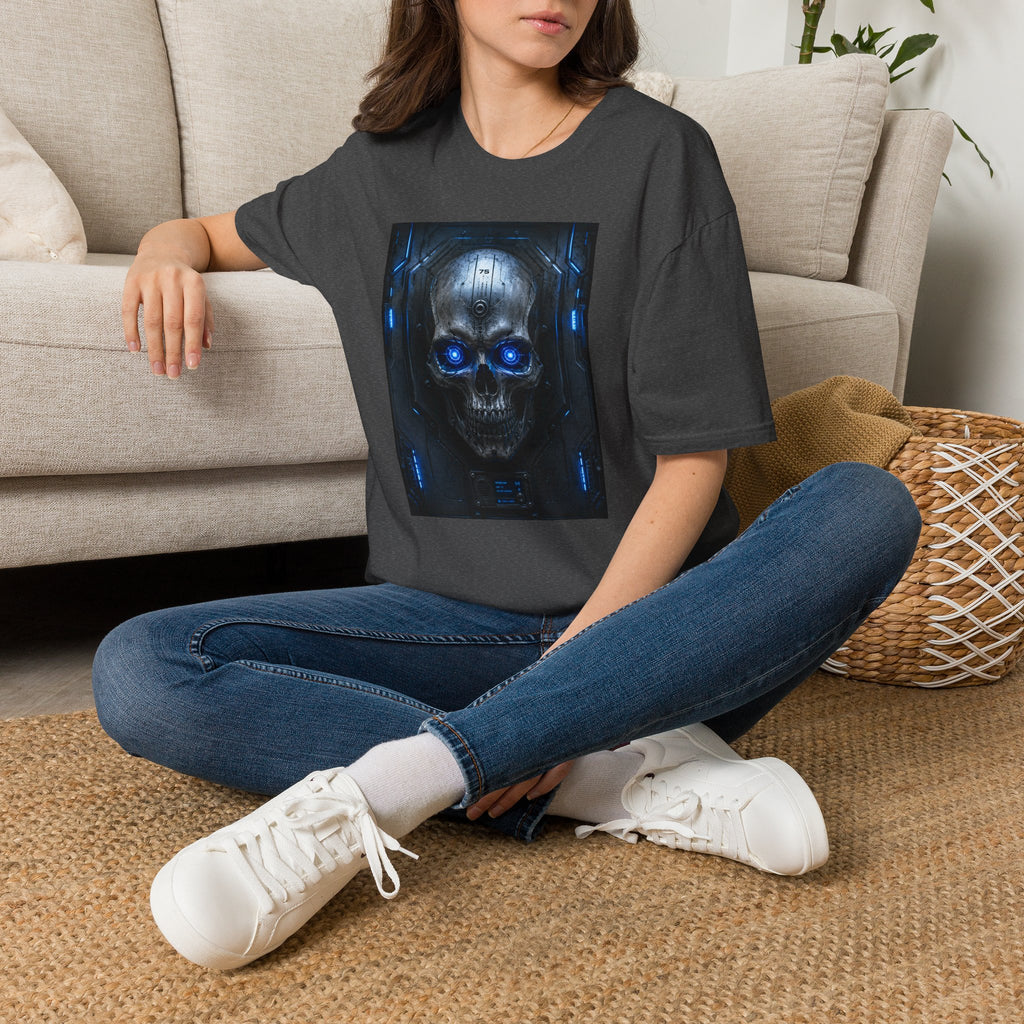 Skull Cyberpunk T-Shirt — Blue Glowing Skull Sci‑Fi Graphic Tee