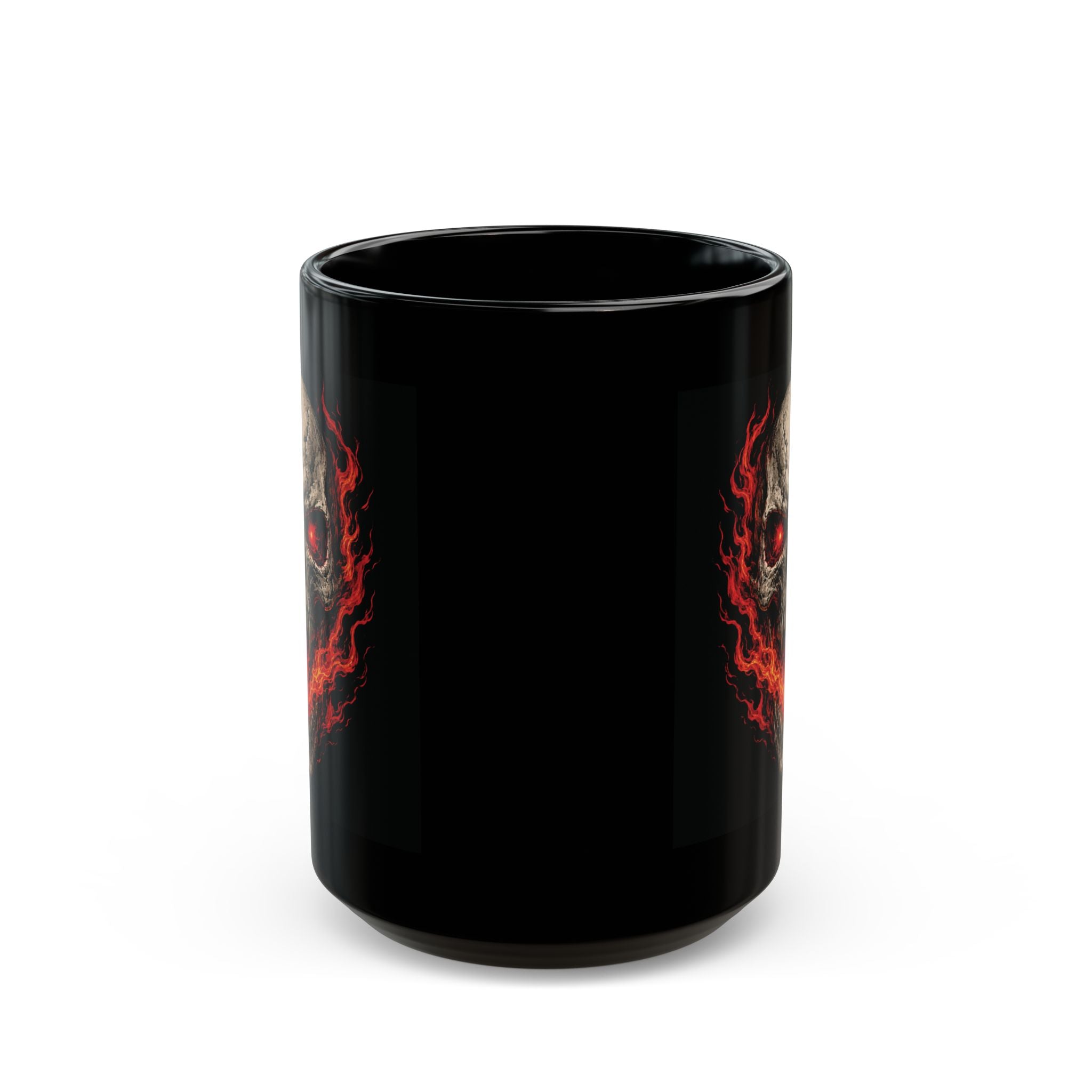 Flaming Skull Black Mug — Horror Skull Coffee Cup with Fiery Eyes (11oz/15oz)