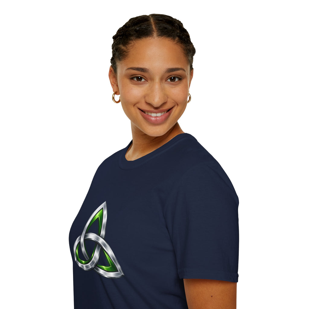 Celtic Trinity Knot T-Shirt — Metallic Green Triquetra Design