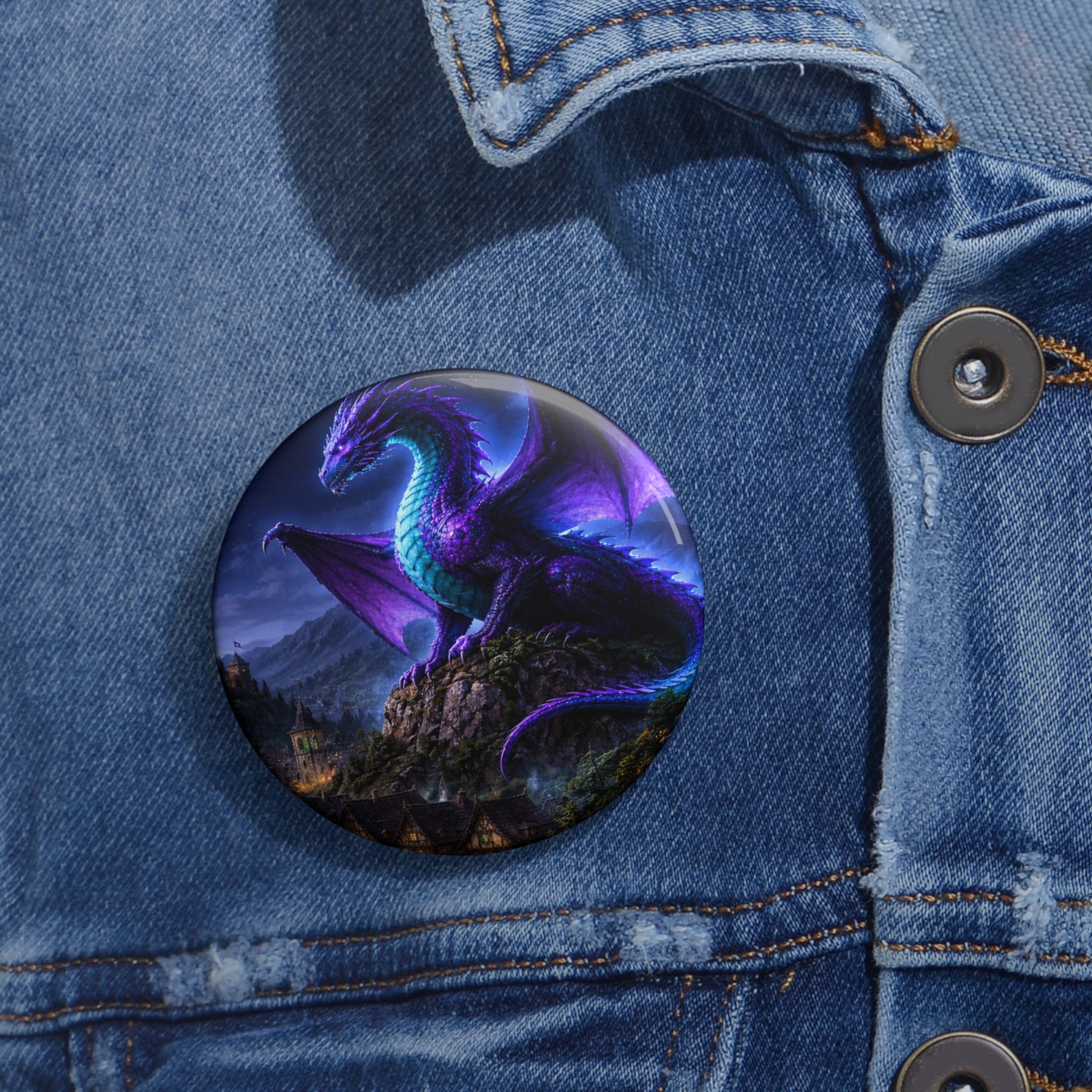 Dragon Night Pin Button — Fantasy Purple Dragon Guard Enamel Style Pin button