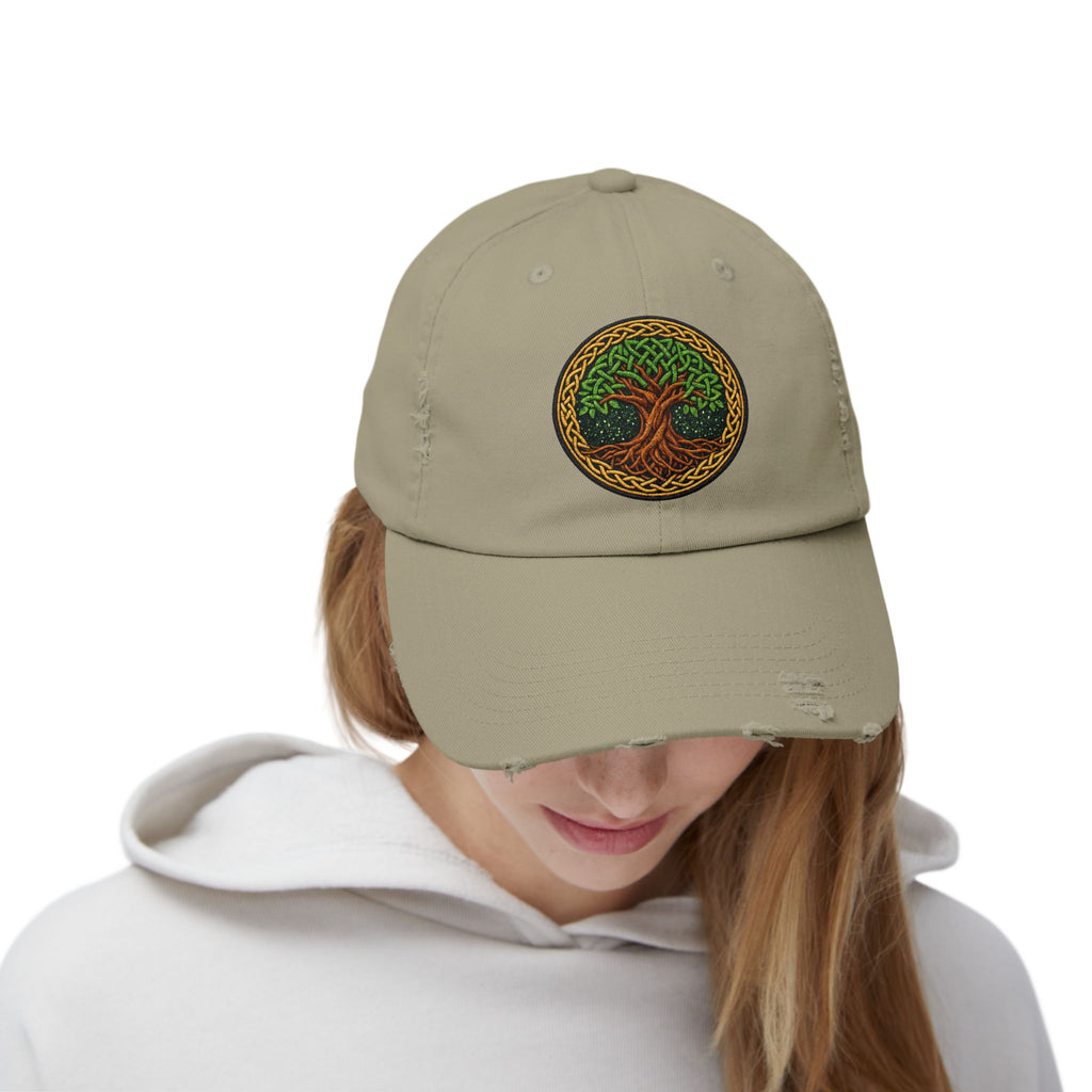 Distressed Baseball Cap — Celtic Tree of Life Faux-Embroidered Adjustable Hat