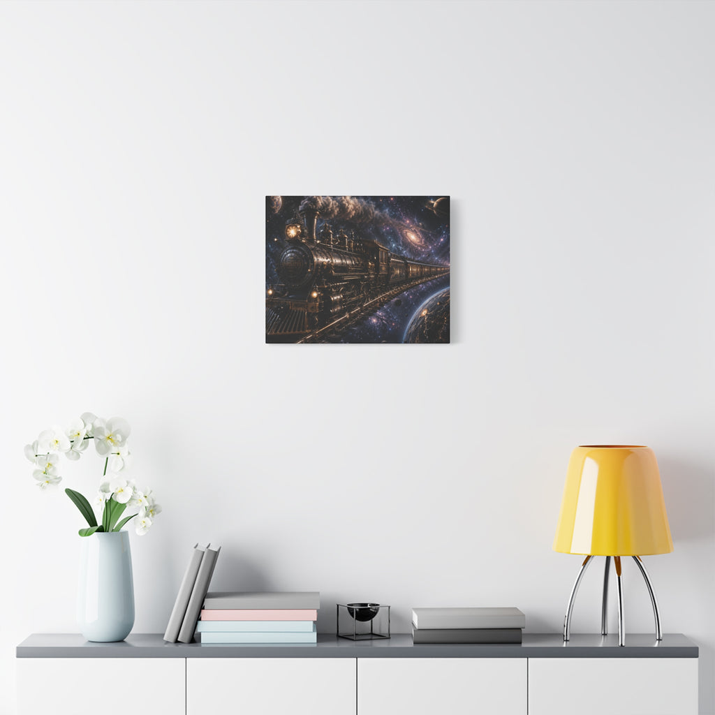 Steam Train Through the Cosmos Canvas Art — Vintage Locomotive Space Poster