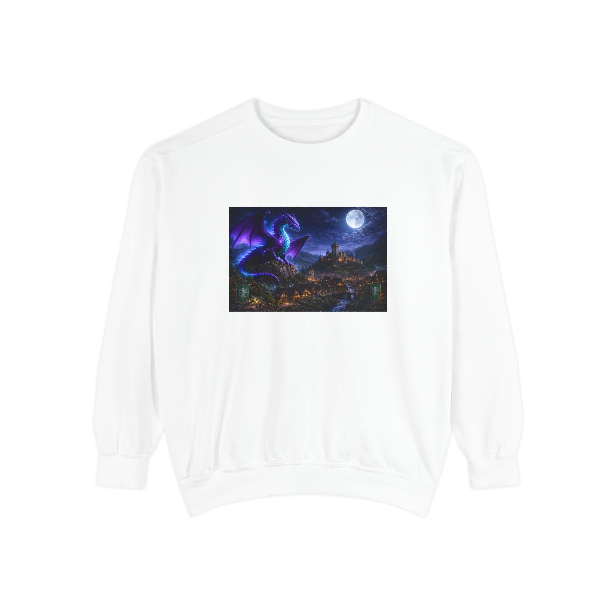Dragon Night Sweatshirt — Mystical Purple Dragon Over Moonlit Village