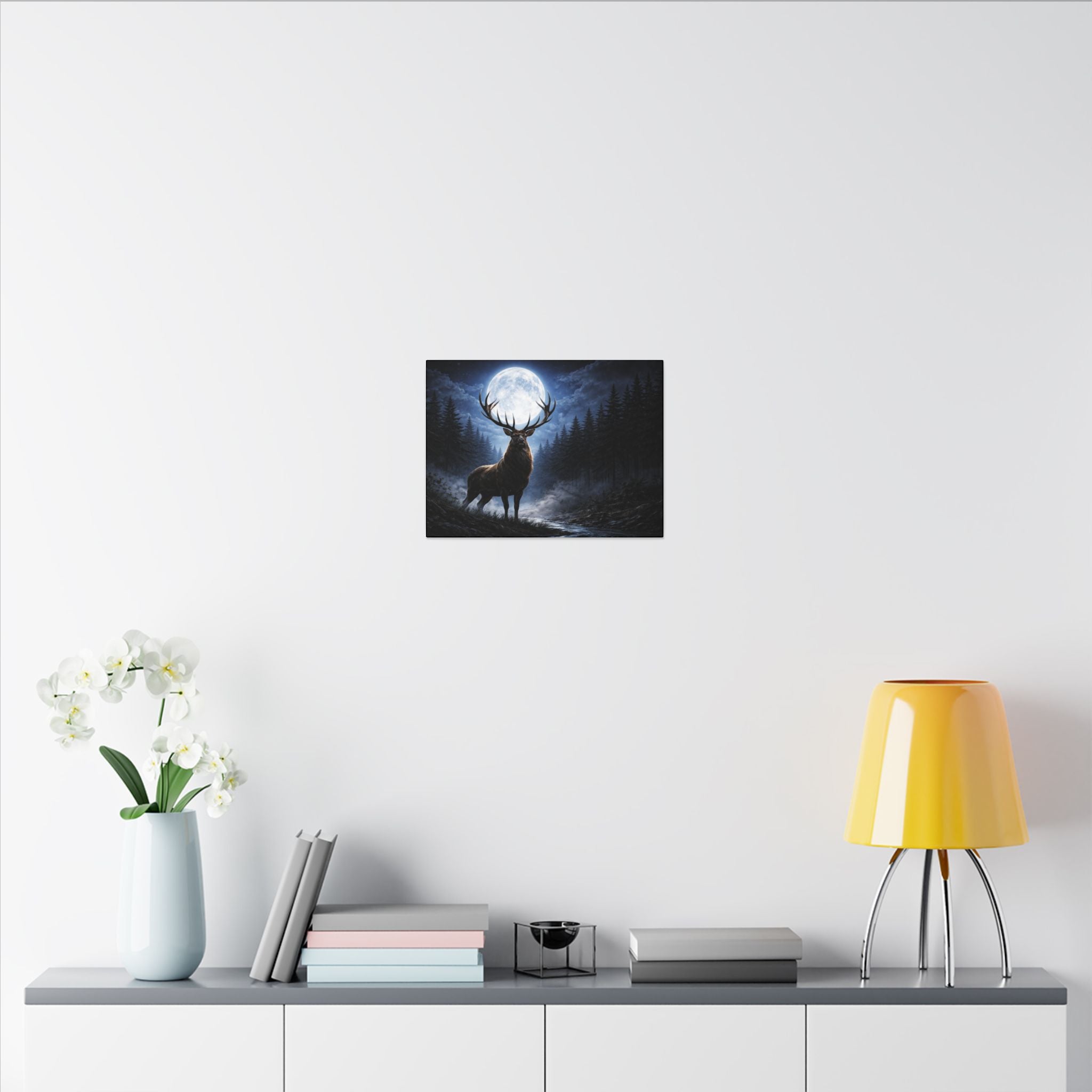 Moonlit Stag Canvas Wall Art — Majestic Deer in Forest Night Scene