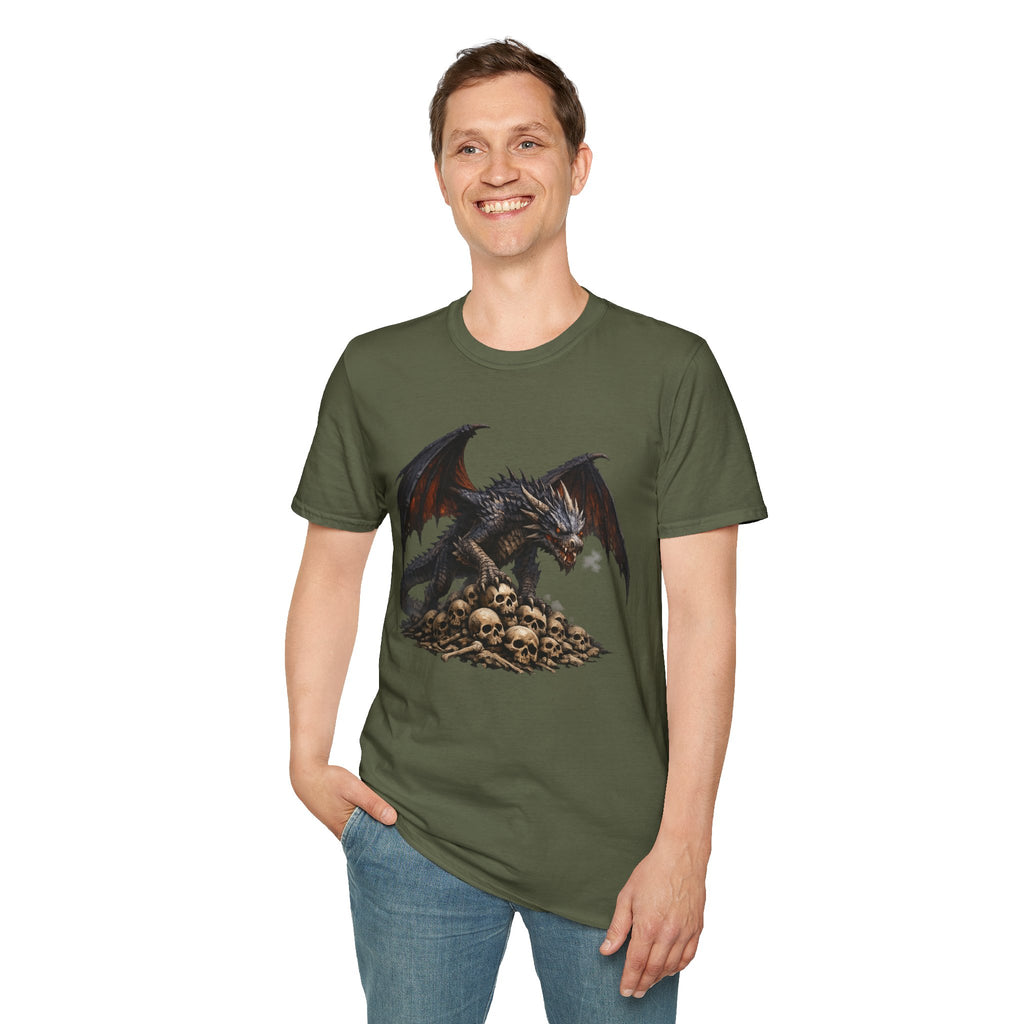 Dragon on Skull Pile Graphic T-Shirt — Dark Fantasy Winged Dragon Design
