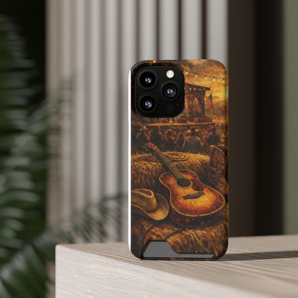 Country Music Guitar Phone Case with Card Holder — Rustic Concert Scene