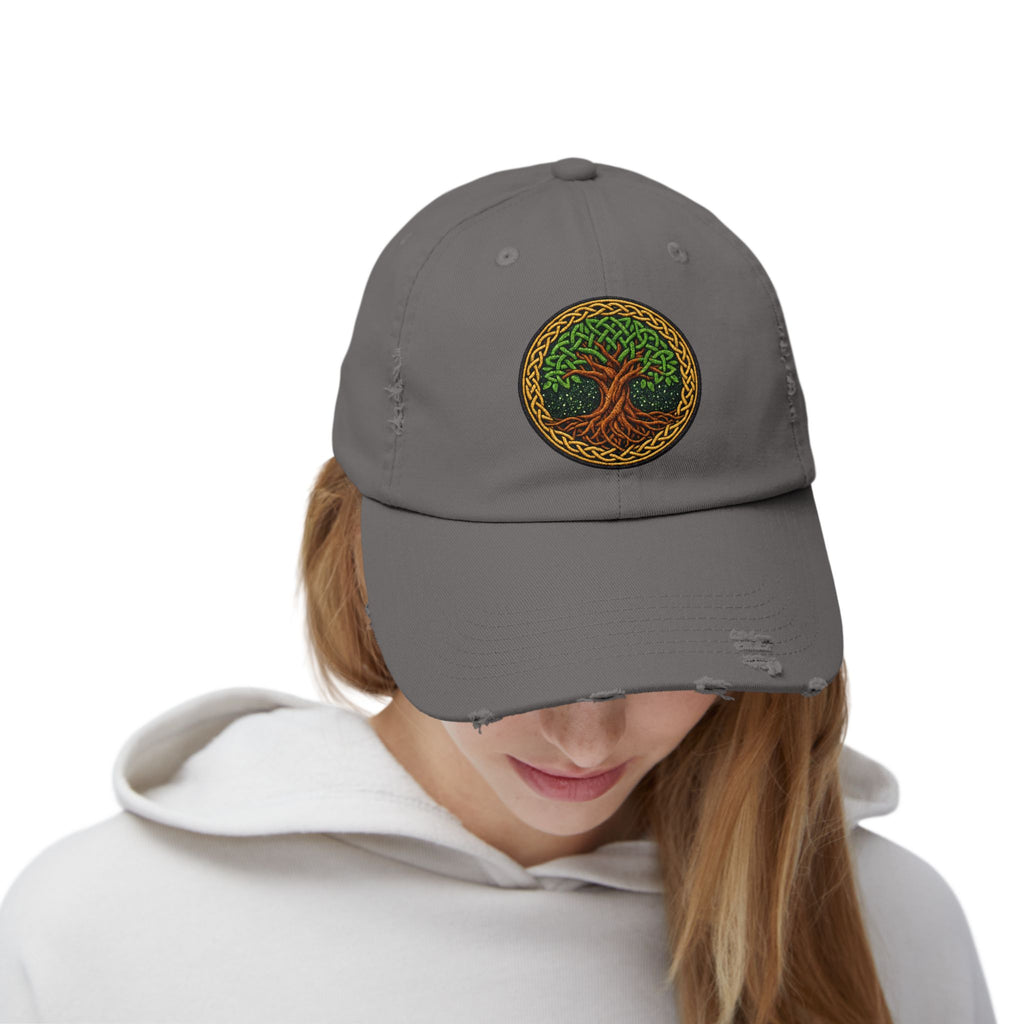 Distressed Baseball Cap — Celtic Tree of Life Faux-Embroidered Adjustable Hat