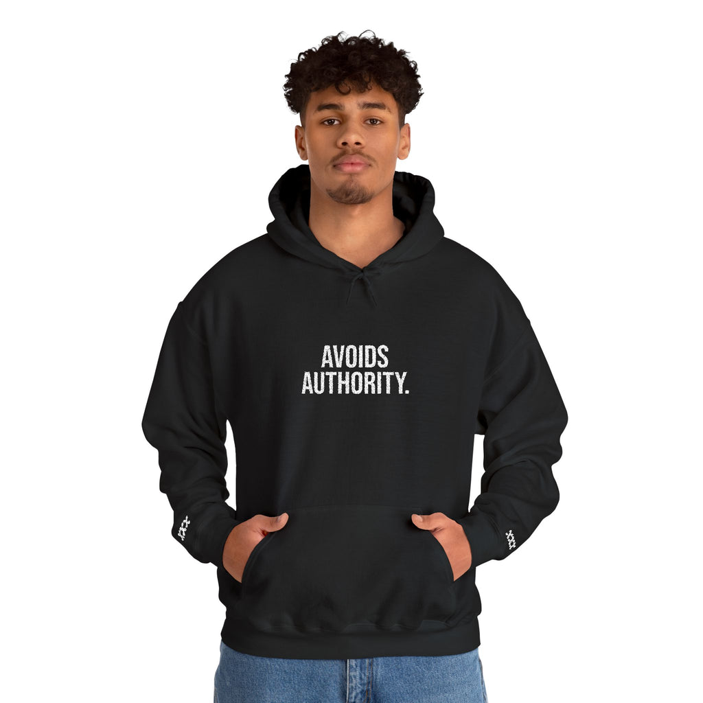 Avoids Authority Hoodie — Rebellious Embroidered Pullover